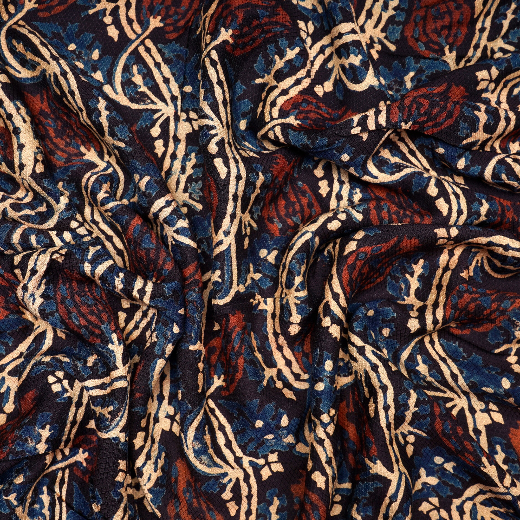 (Pre-Cut 1.00 Mtr) Black Floral Pattern Handcrafted Ajrak Printed Modal Satin Dobby Fabric