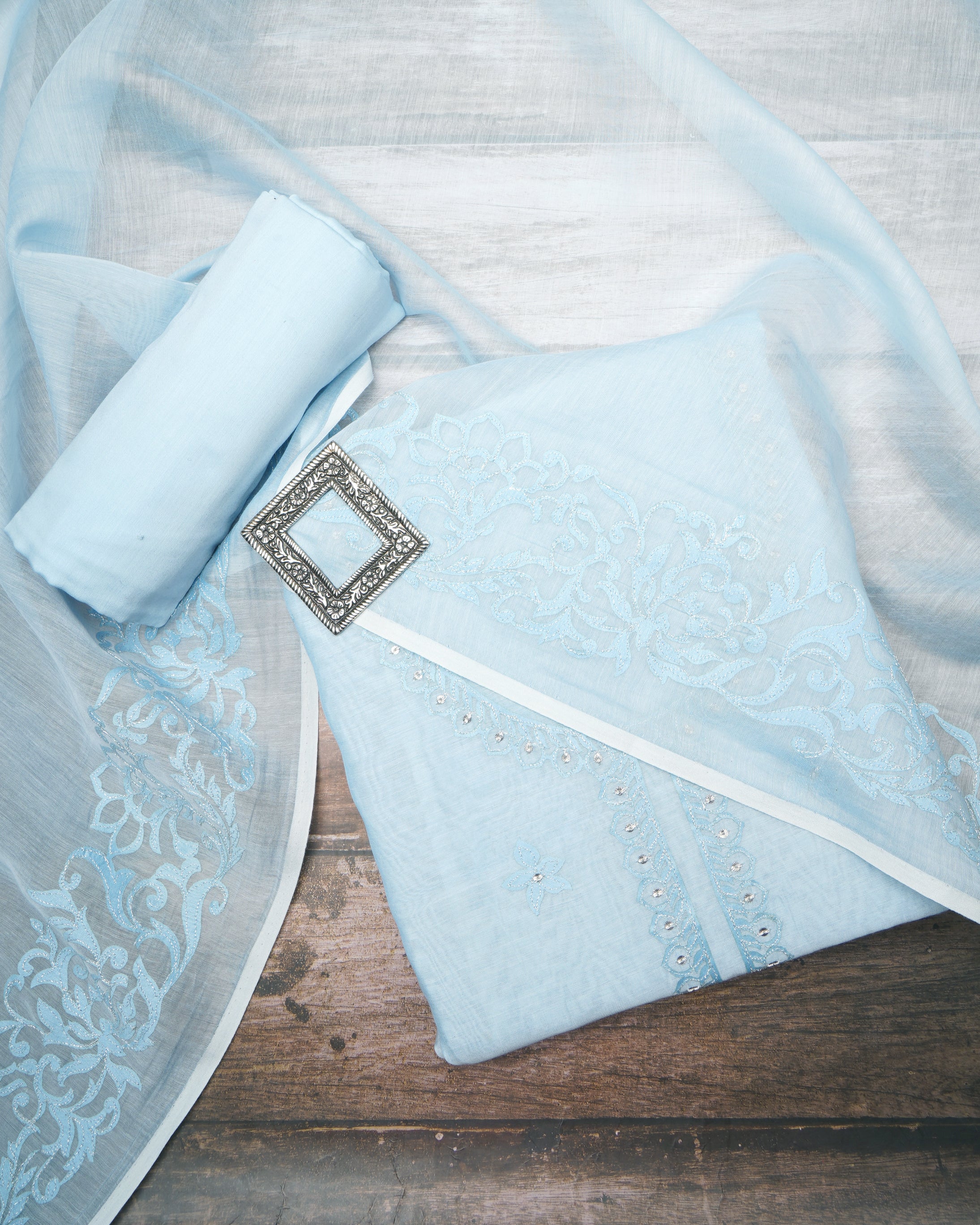 Baby Blue Color Premium Handcrafted Applique Work Embroidered Chanderi Unstitched Suit Set (3 Pc Set with Lining)