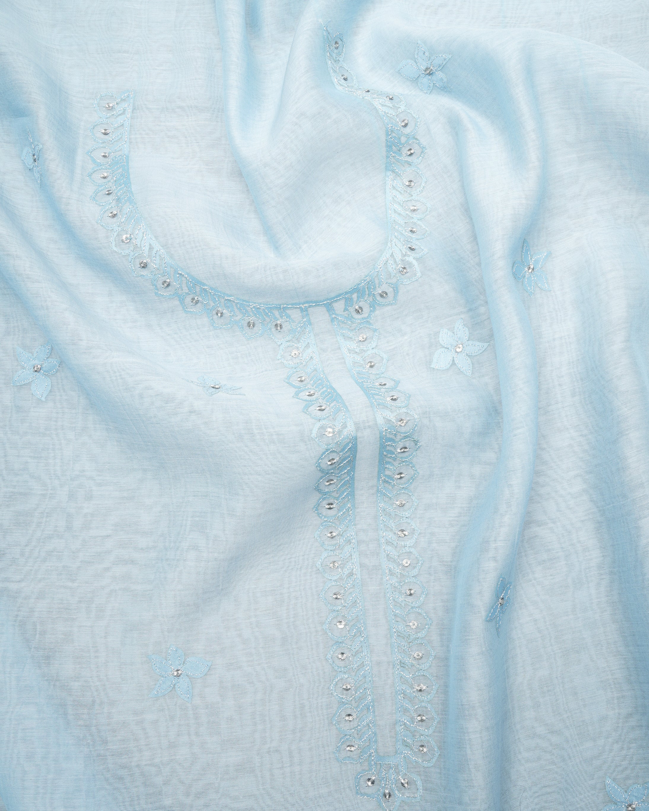 Baby Blue Color Premium Handcrafted Applique Work Embroidered Chanderi Unstitched Suit Set (3 Pc Set with Lining)