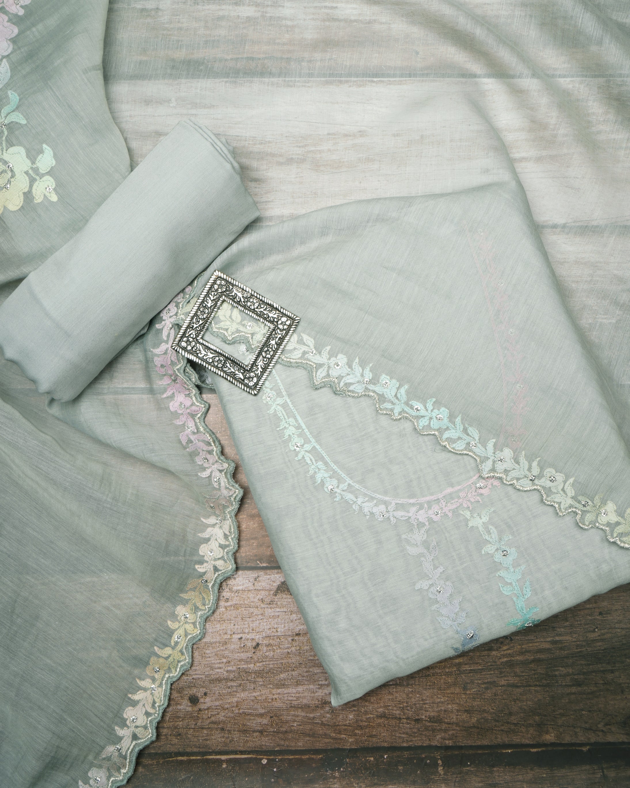 Pastel Green Color Premium Handcrafted Laser Embroidered Chanderi Unstitched Suit Set