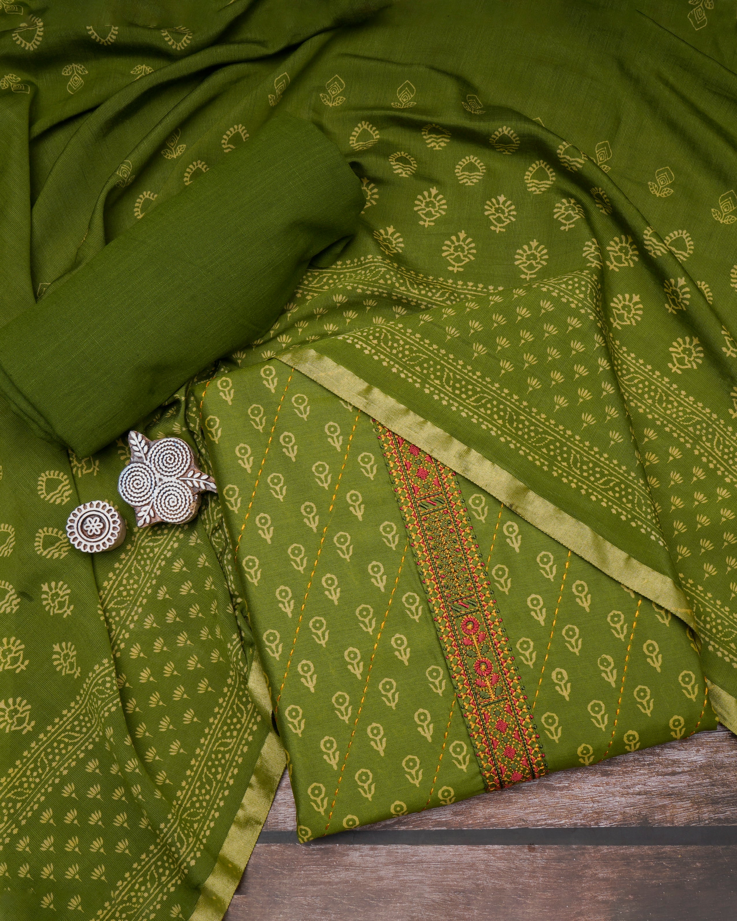 Green Embroidered & Printed Pure Cotton Unstitched Suit Set