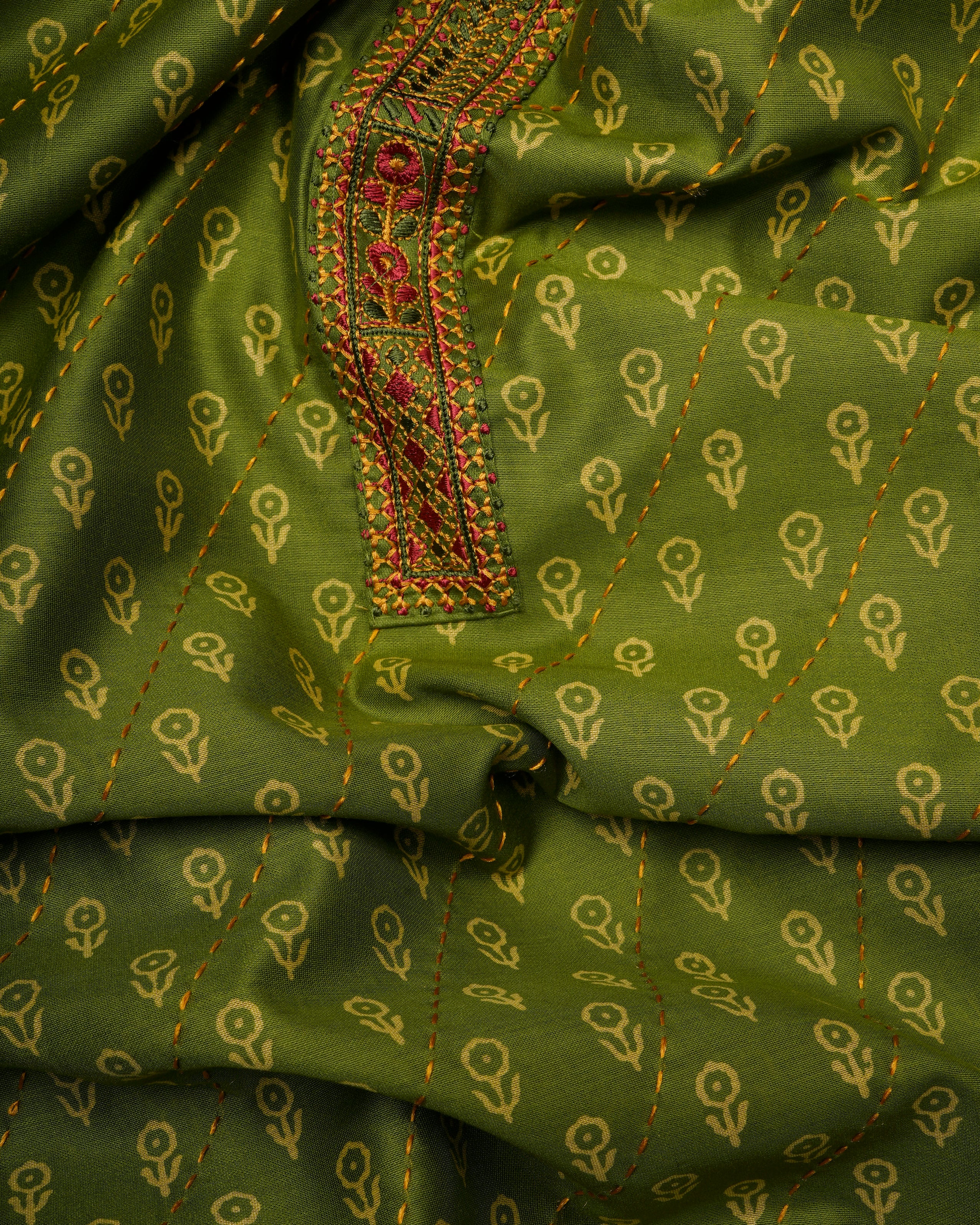 Green Embroidered & Printed Pure Cotton Unstitched Suit Set