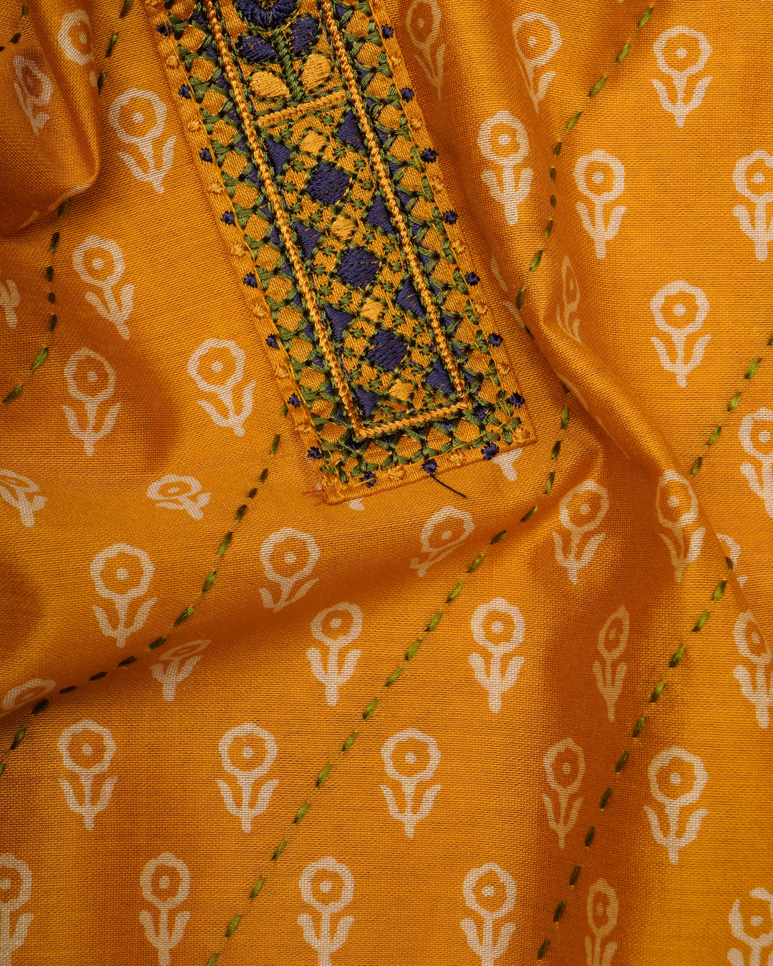 Dark Mustard Embroidered & Printed Pure Cotton Unstitched Suit Set