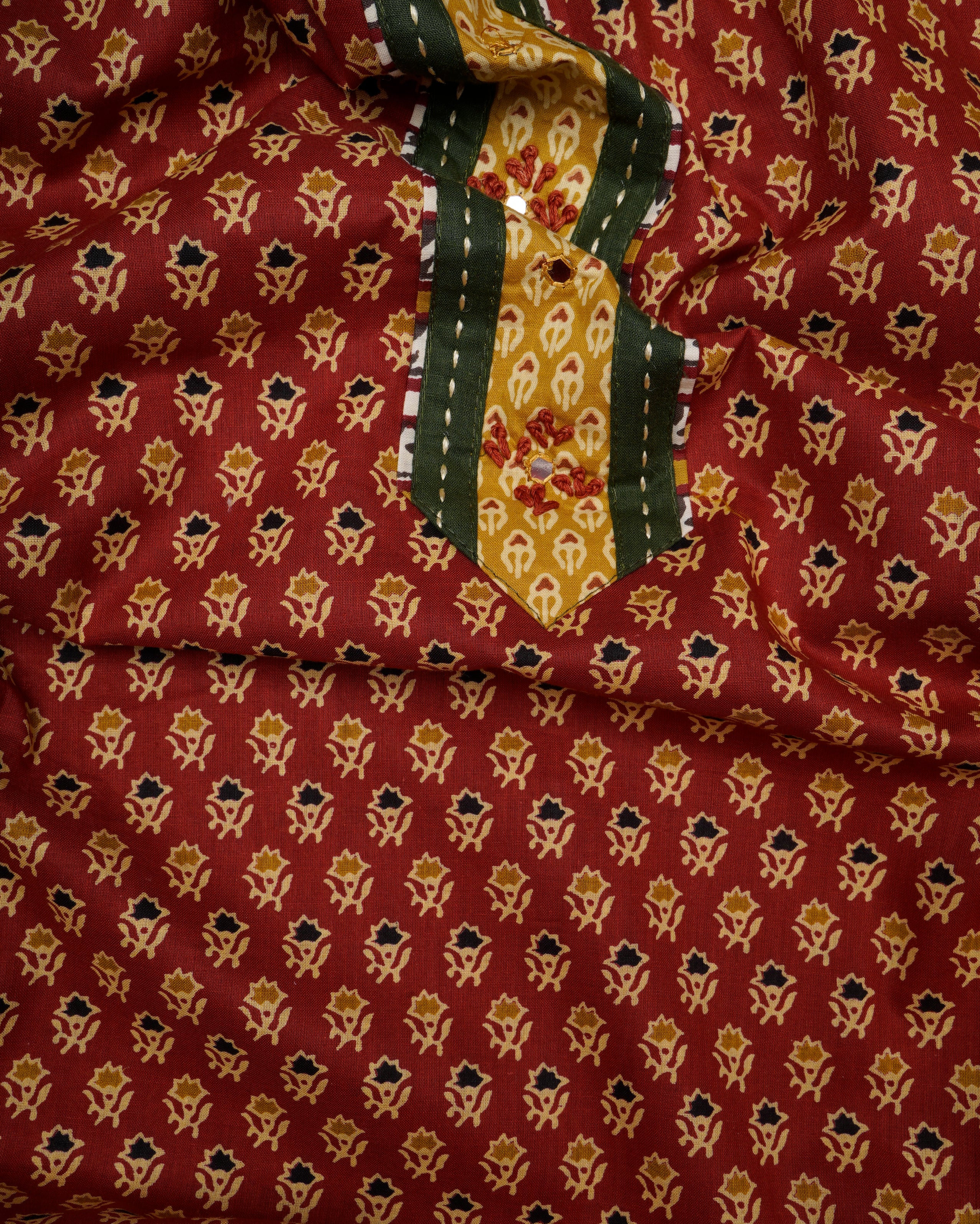 Maroon - Mustard Embroidered & Printed Pure Cotton Unstitched Suit Set