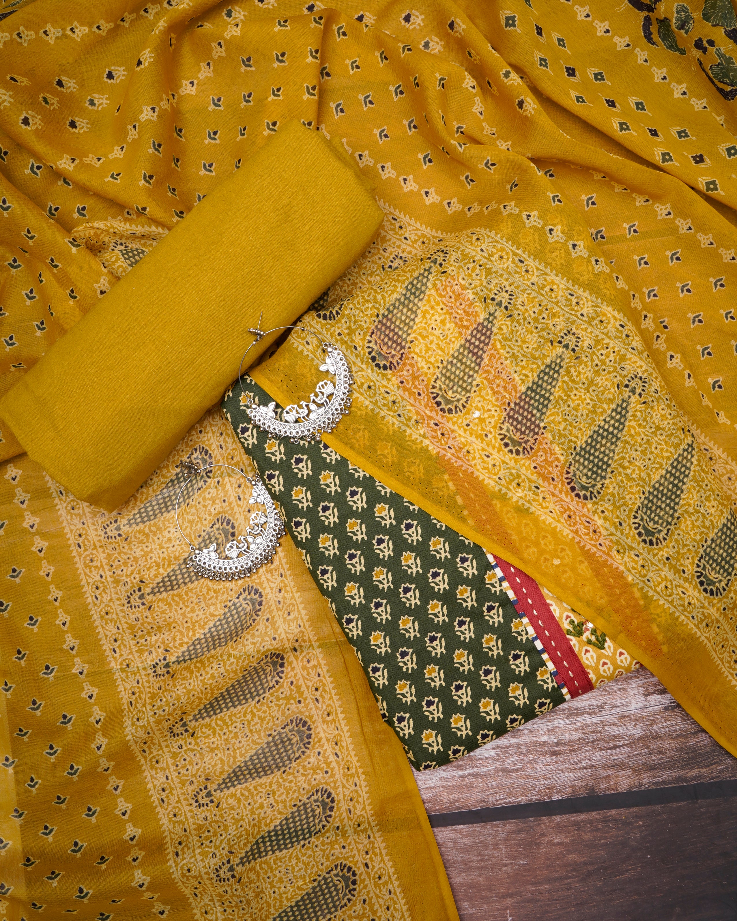 Dark Green - Dark Mustard Embroidered & Printed Pure Cotton Unstitched Suit Set