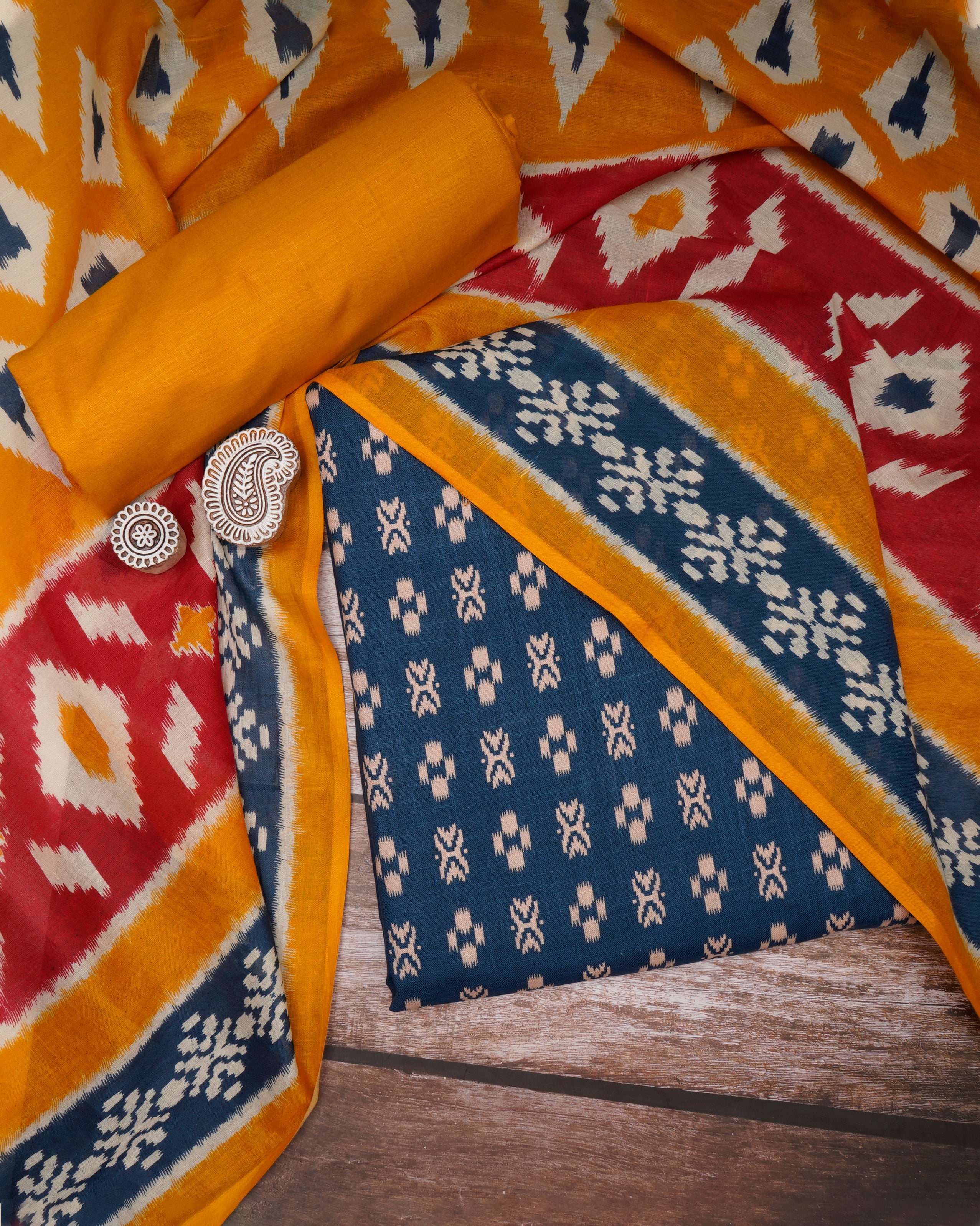 Blue-Mustard Ikat Pattern Printed Cotton Unstitched Suit Set