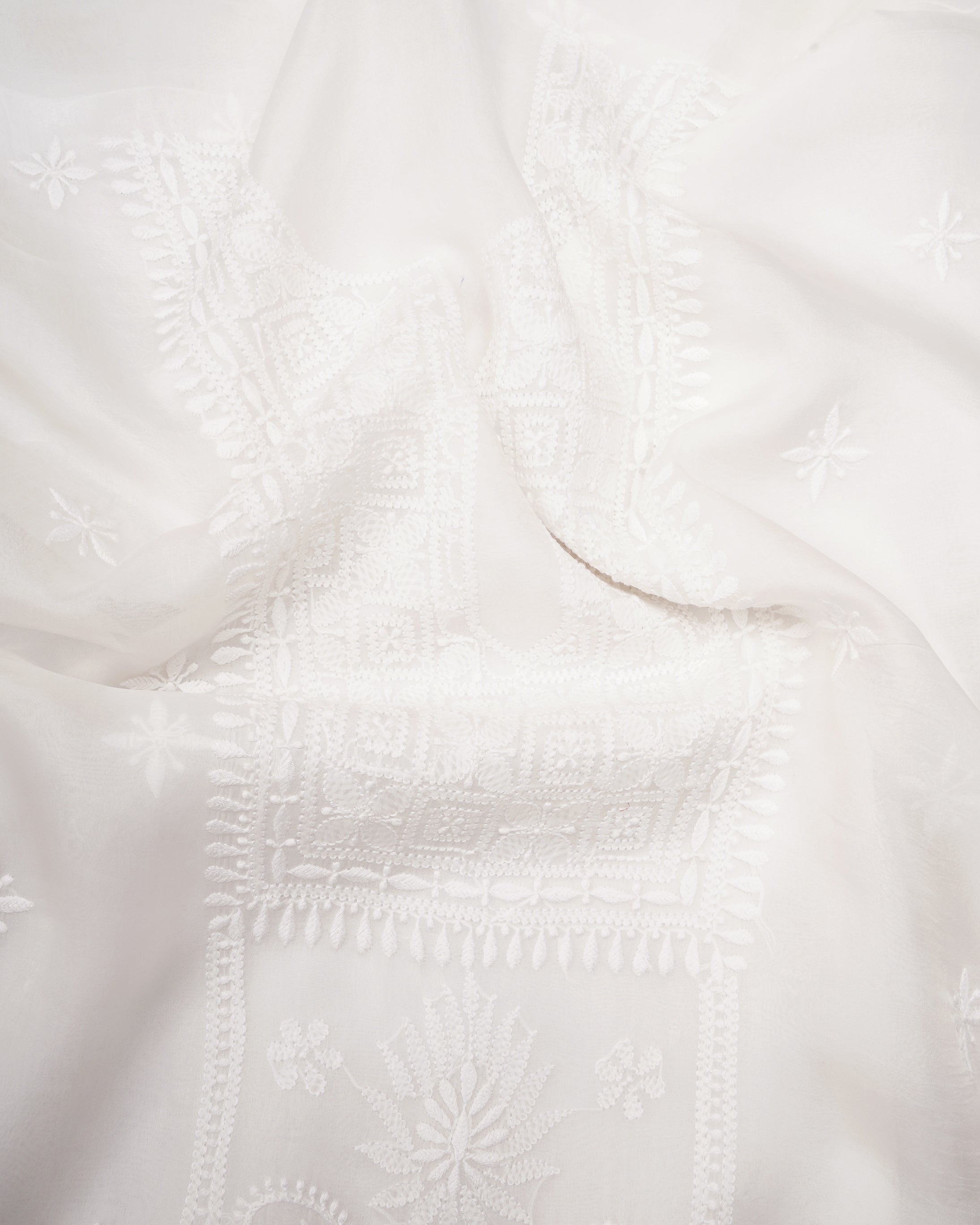 White Handcrafted Chikankari Embroidered Organza Unstitched Suit Set (Top & Dupatta)