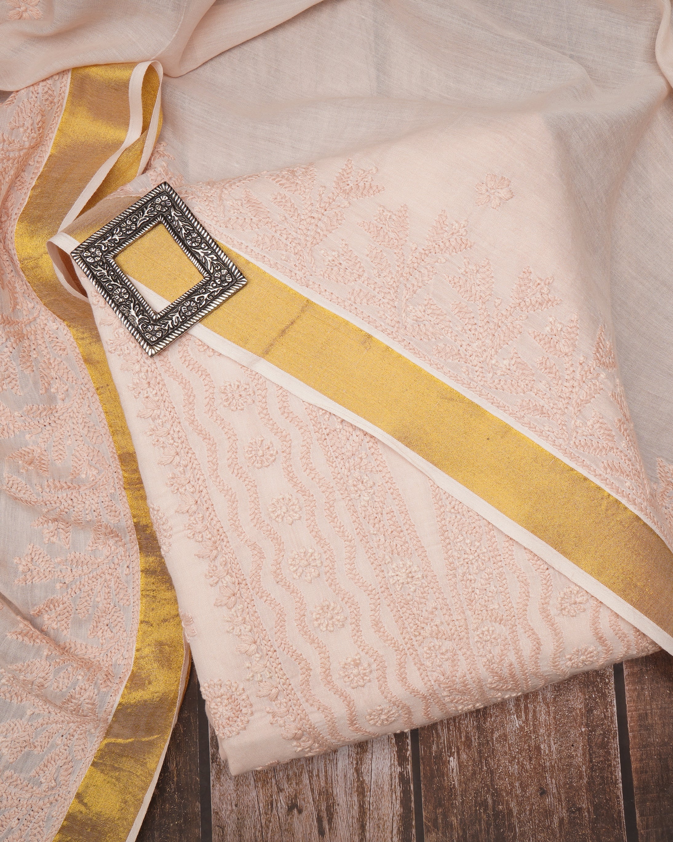 Powder Pink Handcrafted Chikankari Embroidered Cotton Unstitched Suit Set (Top & Dupatta)