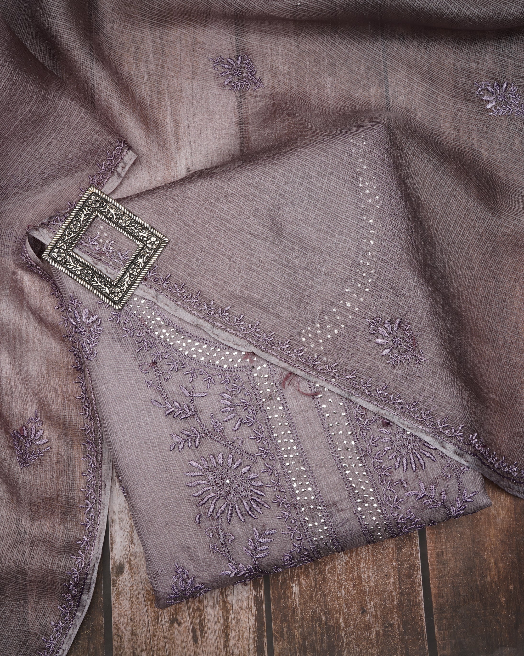 Elderberry Handcrafted Mukaish Work Chikankari Embroidered Kota Unstitched Suit Set (Top & Dupatta)