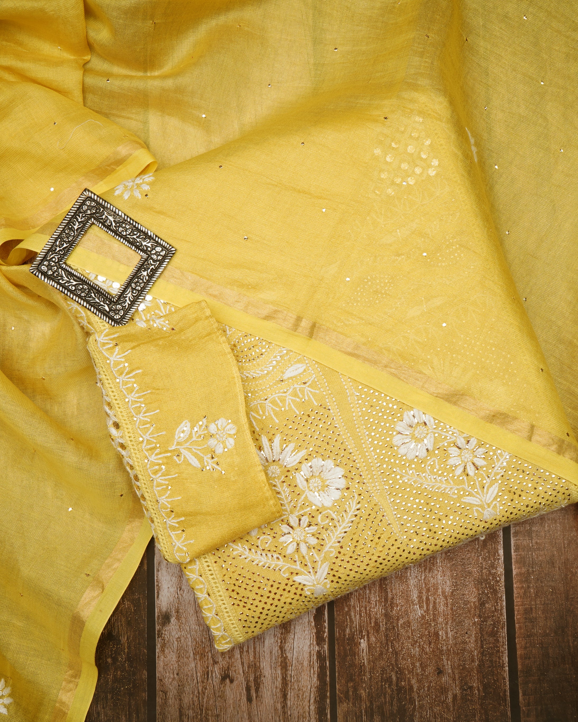 Lemon Zest Handcrafted Mukaish Work Chikankari Embroidered Tissue Chanderi Unstitched Suit Set (Top & Dupatta)