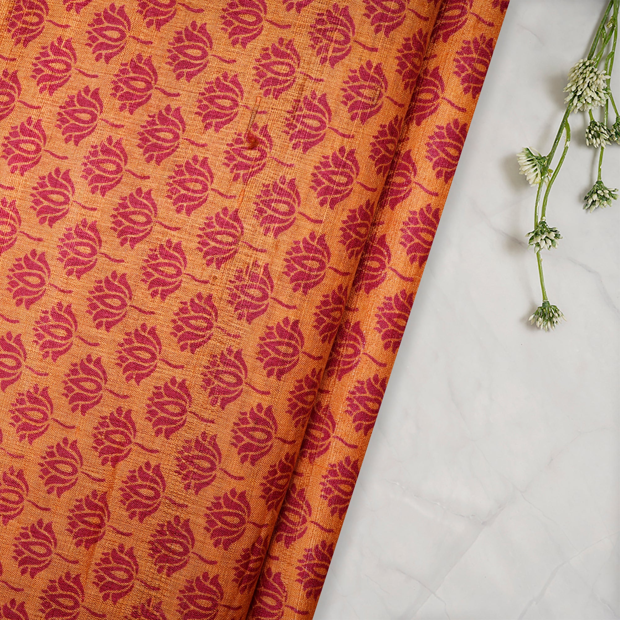 Mustard-Red Booti Pattern Screen Printed Tusser Silk Fabric