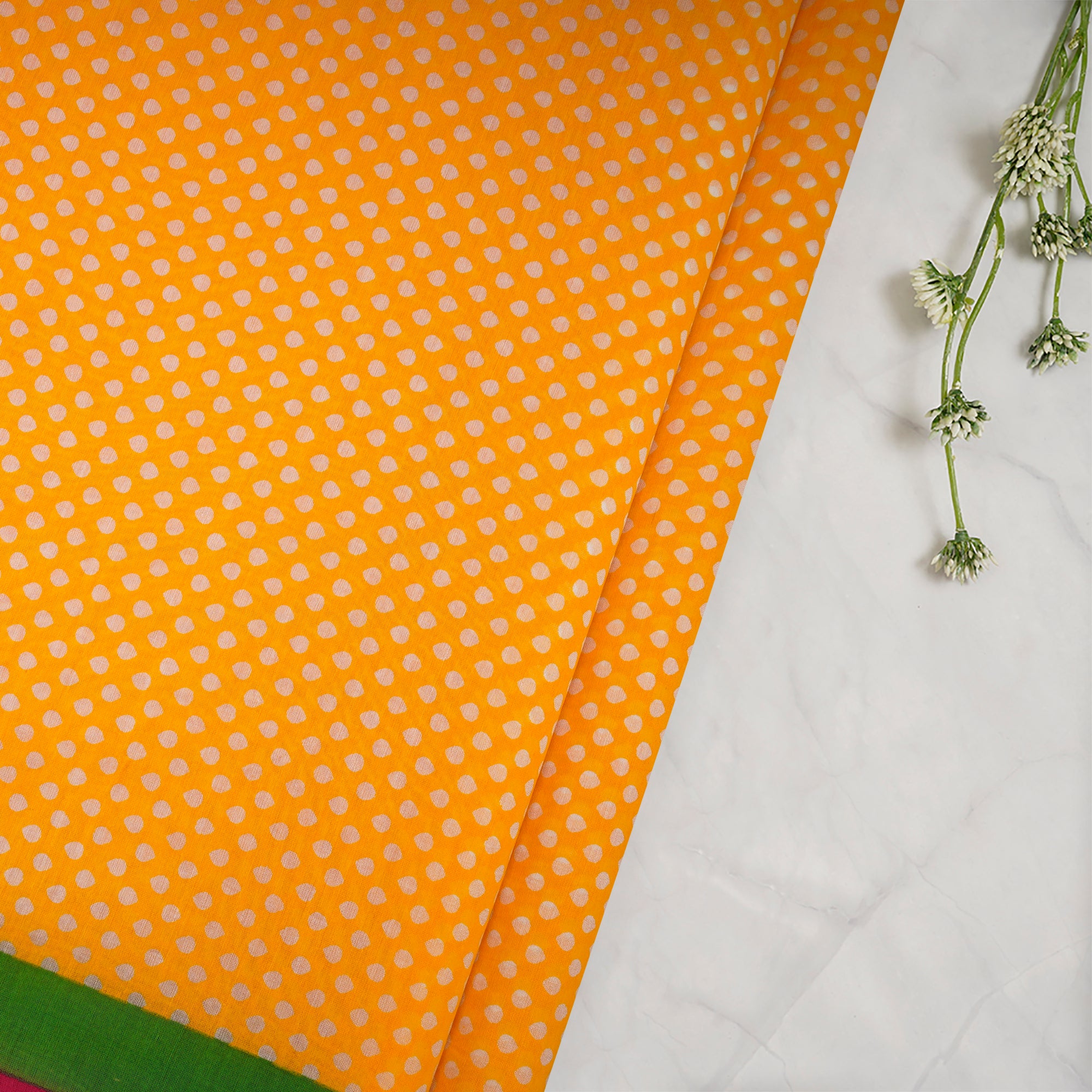 Yellow All Over Pattern with Border Screen Print Maheshwari Cotton Fabric