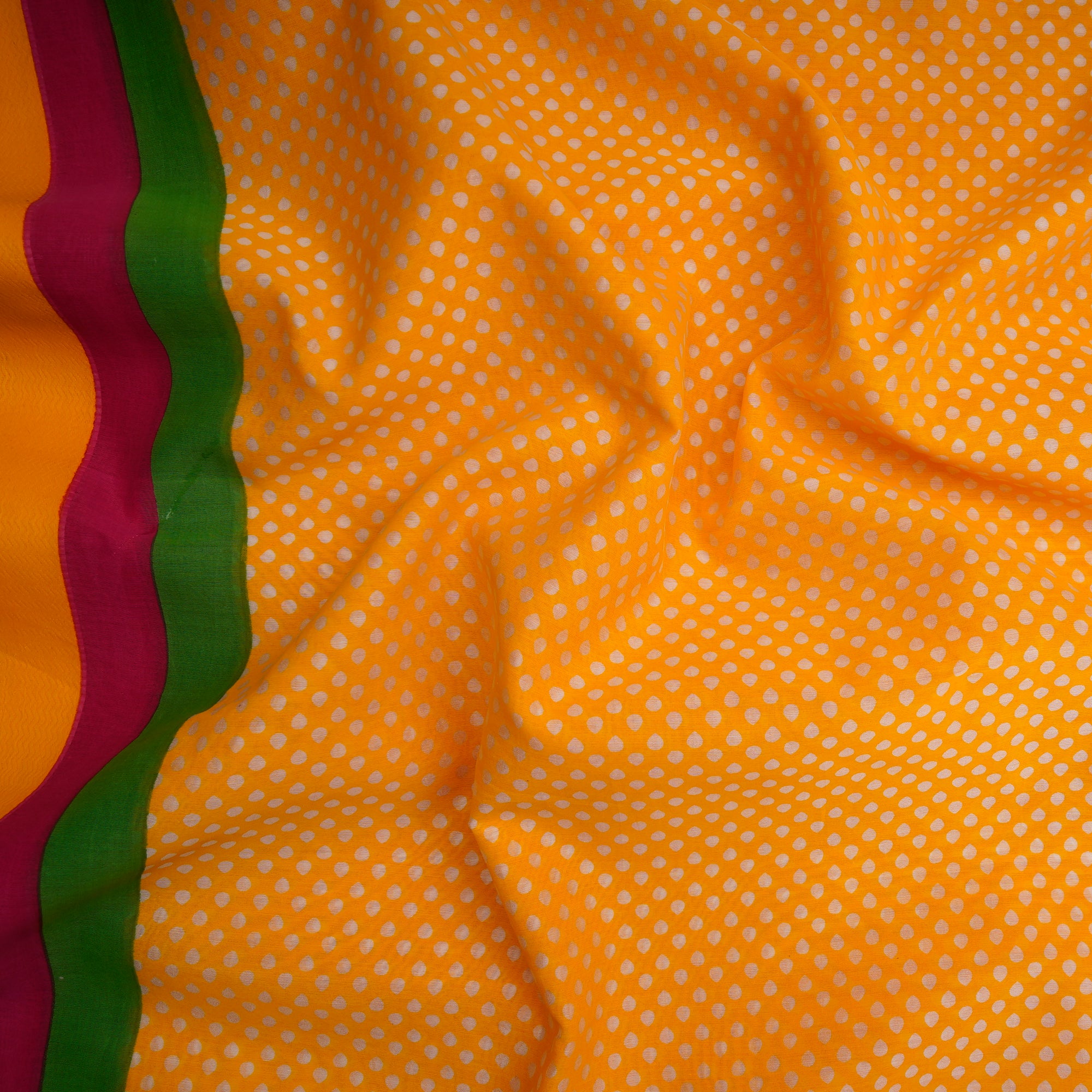 Yellow All Over Pattern with Border Screen Print Maheshwari Cotton Fabric