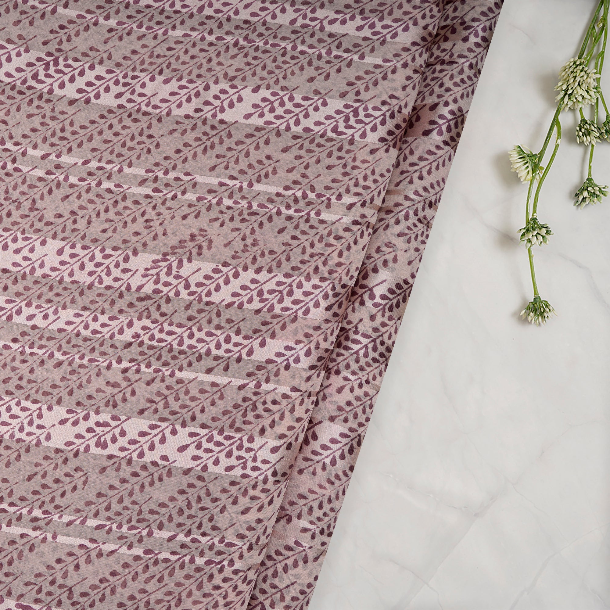 Pastel Pink All Over Pattern With Border Screen Print Georgette Satin Fabric