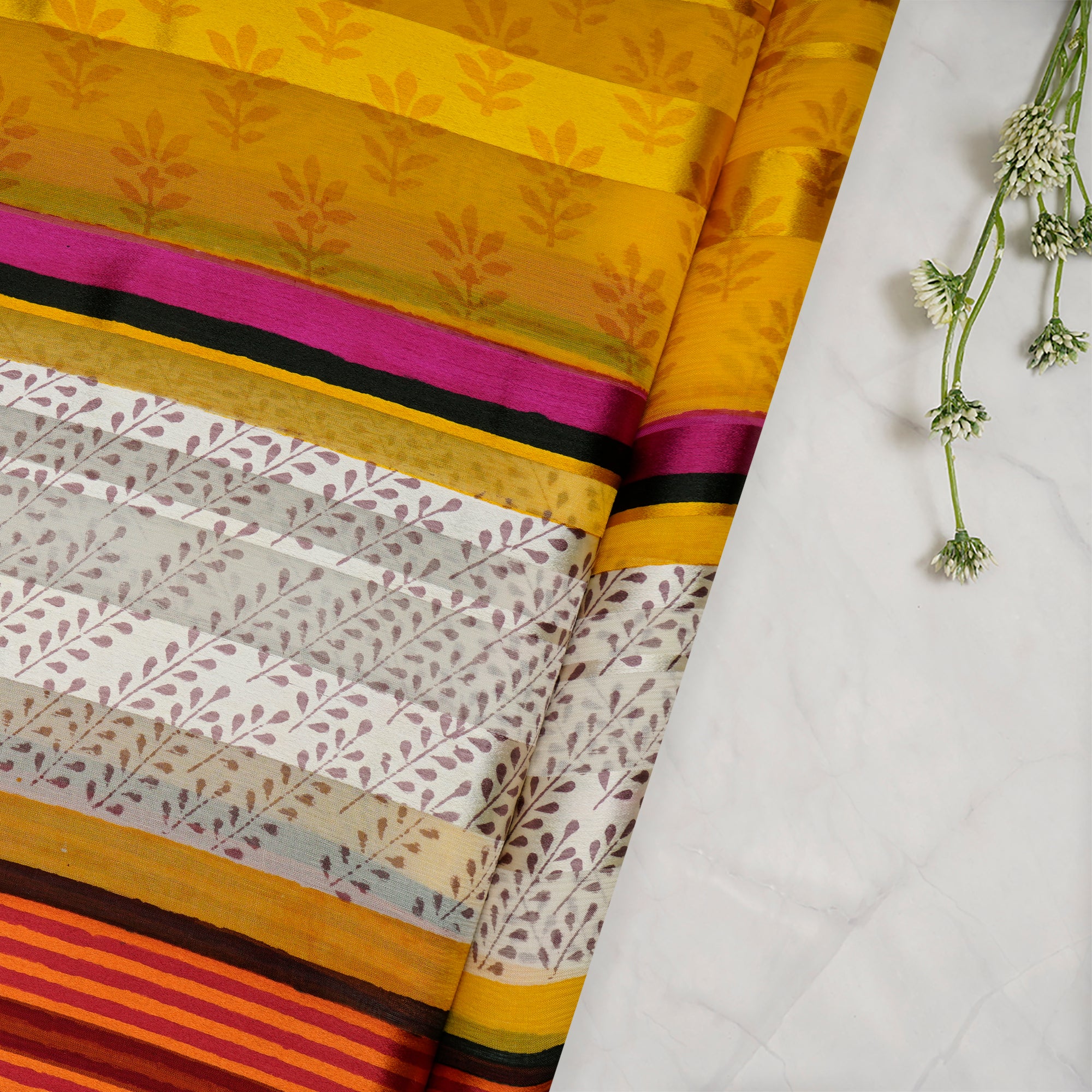 Yellow-Pink All Over Pattern With Border Screen Print Georgette Satin Fabric