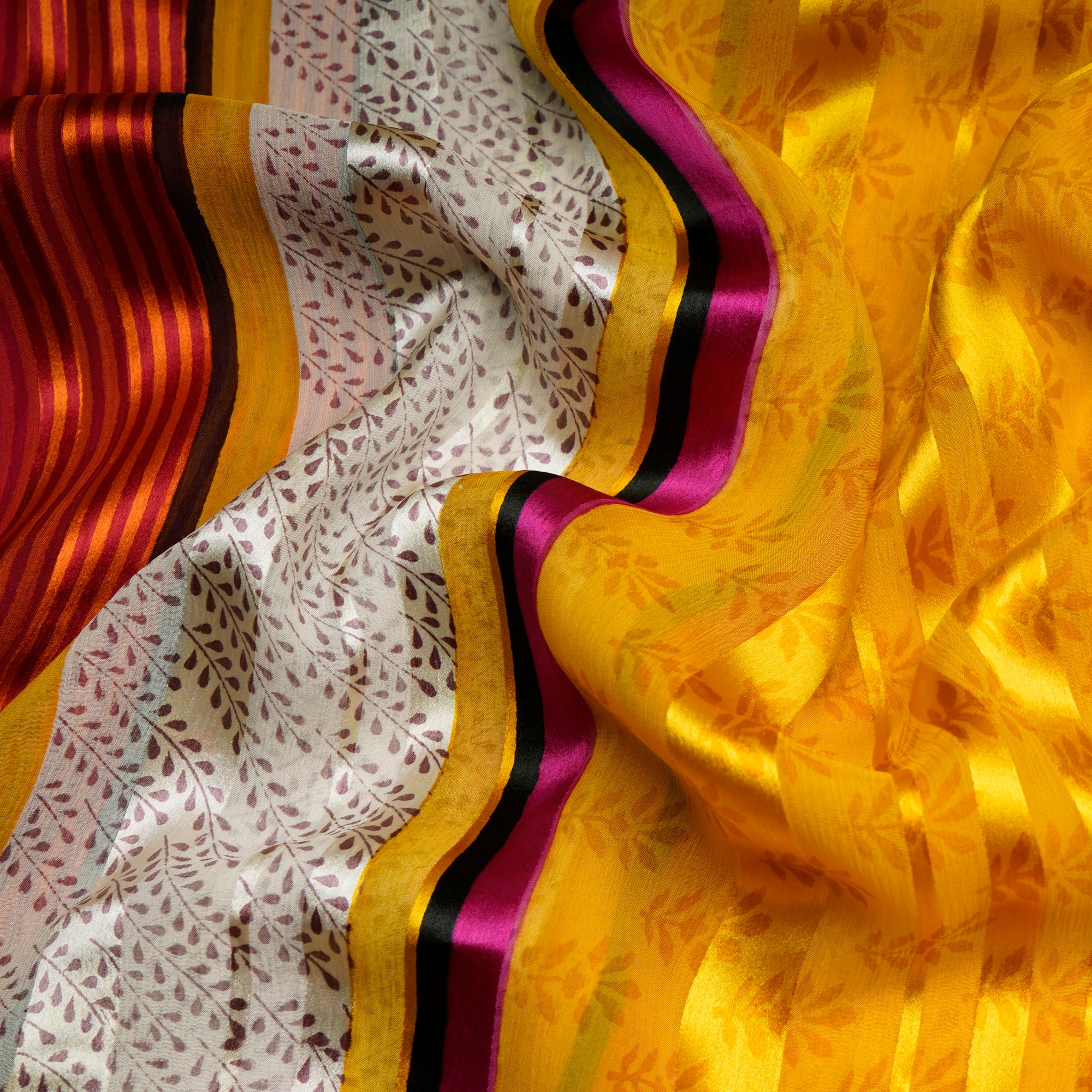 Yellow-Pink All Over Pattern With Border Screen Print Georgette Satin Fabric