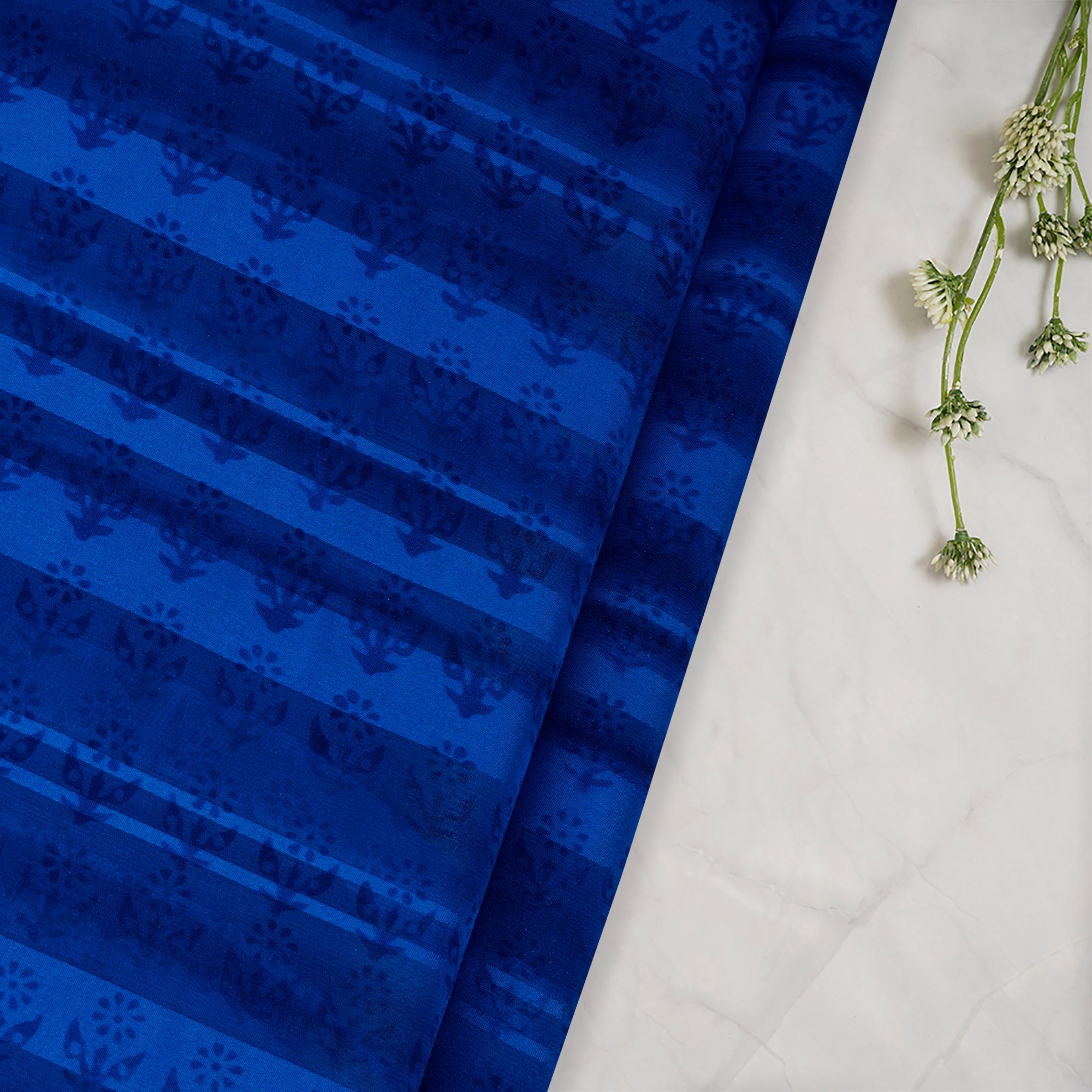 Blue-Green All Over Pattern With Border Screen Print Fancy Striped Georgette Satin Fabric
