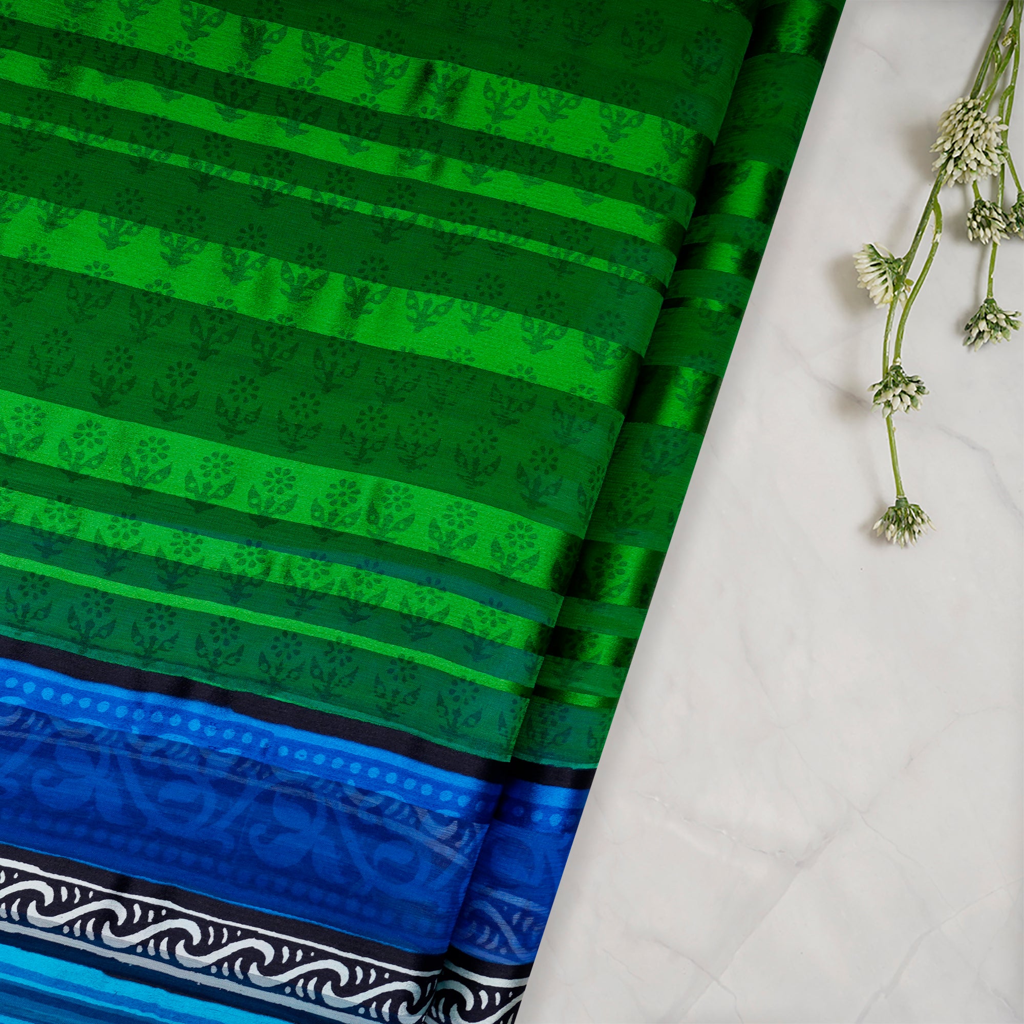 Green-Blue All Over Pattern With Border Screen Print Fancy Striped Georgette Satin Fabric