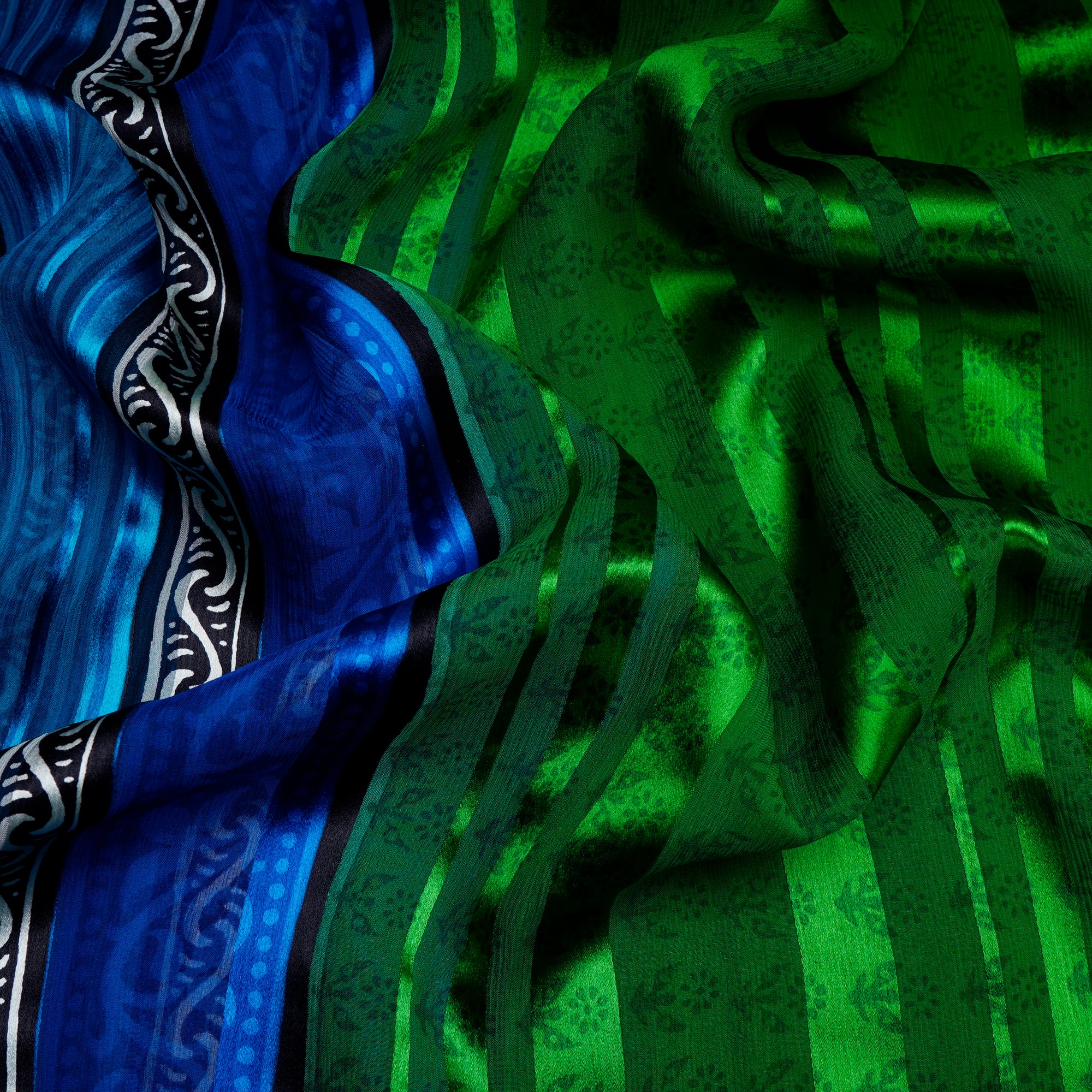 Green-Blue All Over Pattern With Border Screen Print Fancy Striped Georgette Satin Fabric