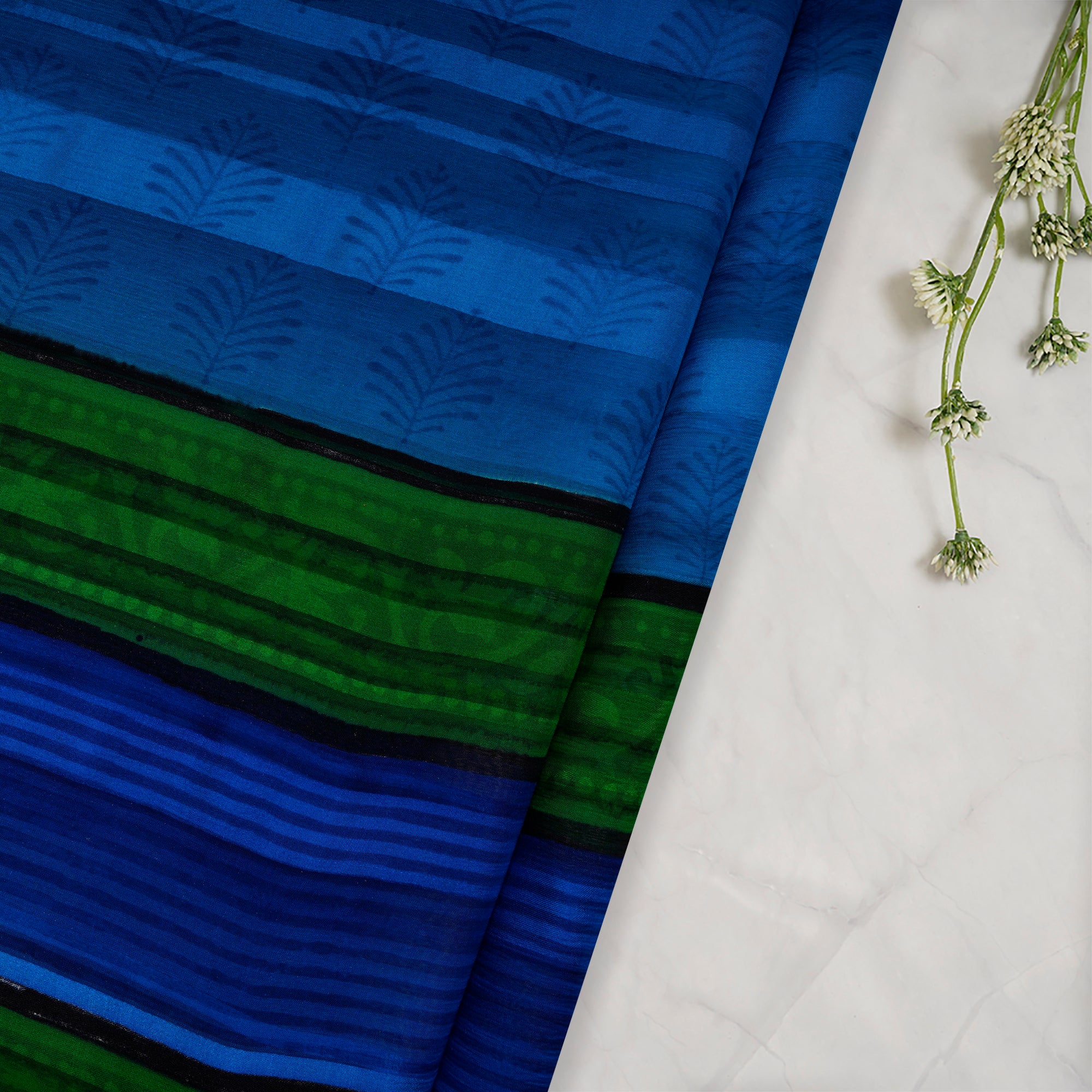 Blue-Green All Over Pattern With Border Screen Print Fancy Striped Georgette Satin Fabric