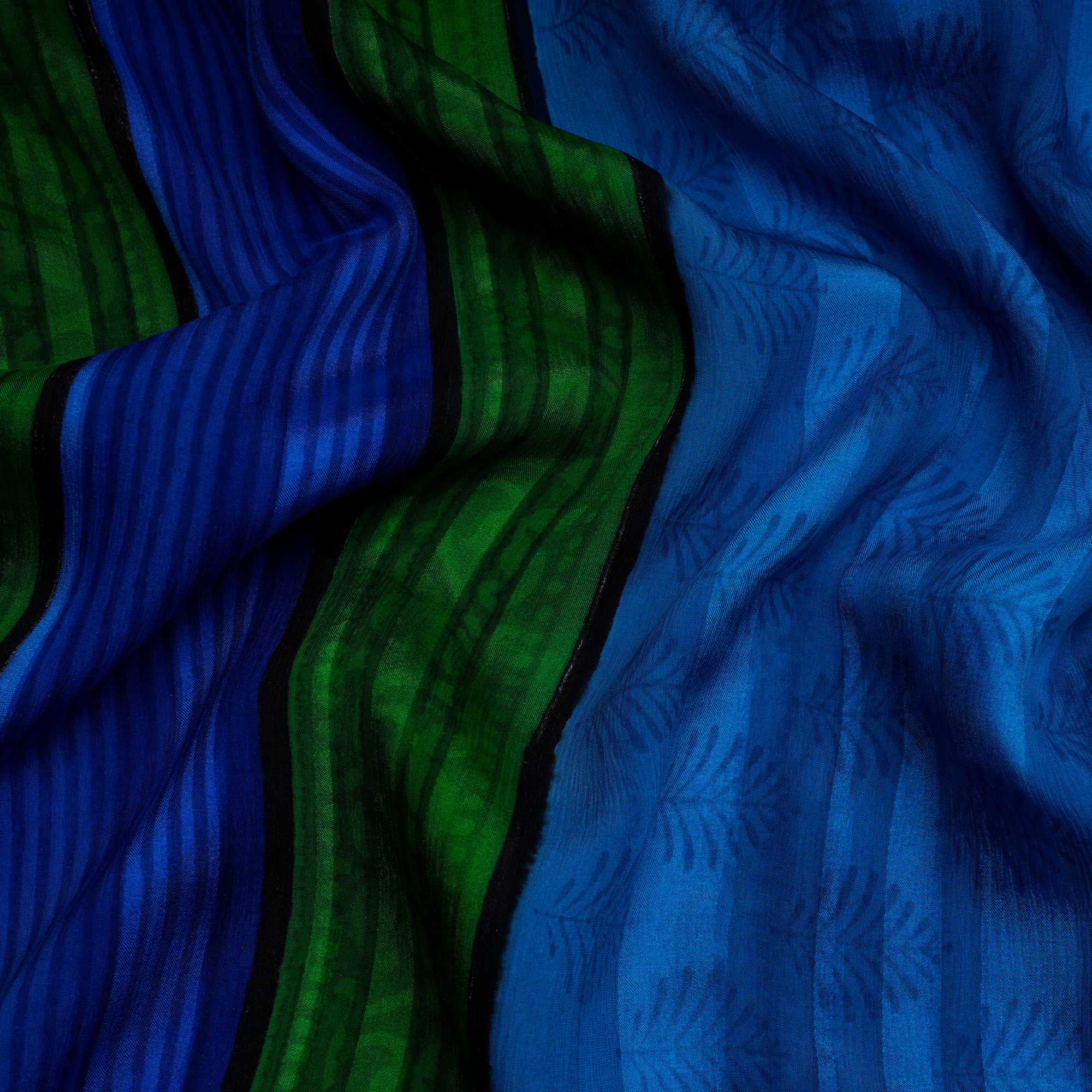 Blue-Green All Over Pattern With Border Screen Print Fancy Striped Georgette Satin Fabric