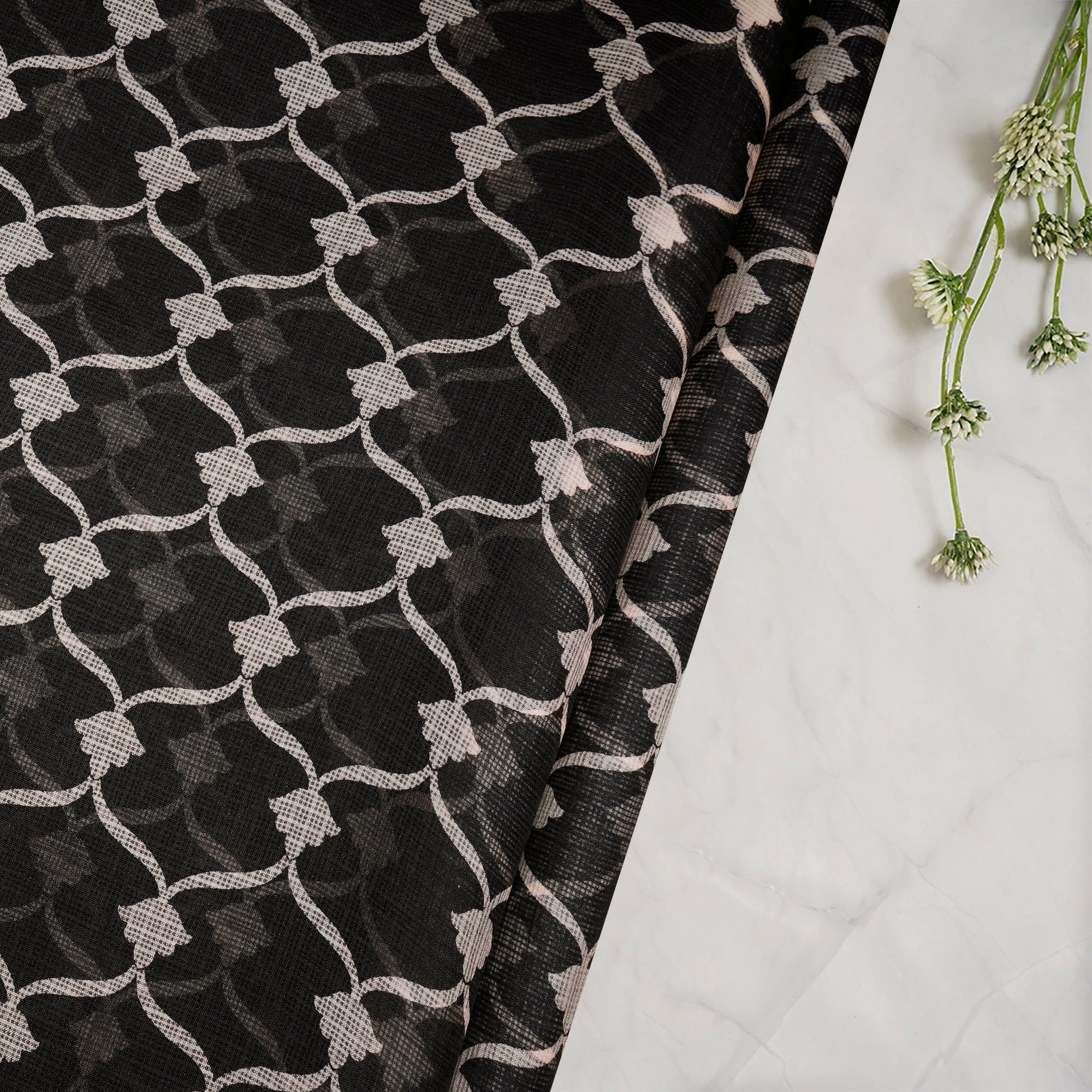 Black with Blue Border All Over Pattern Screen Print Kota Silk Fabrics