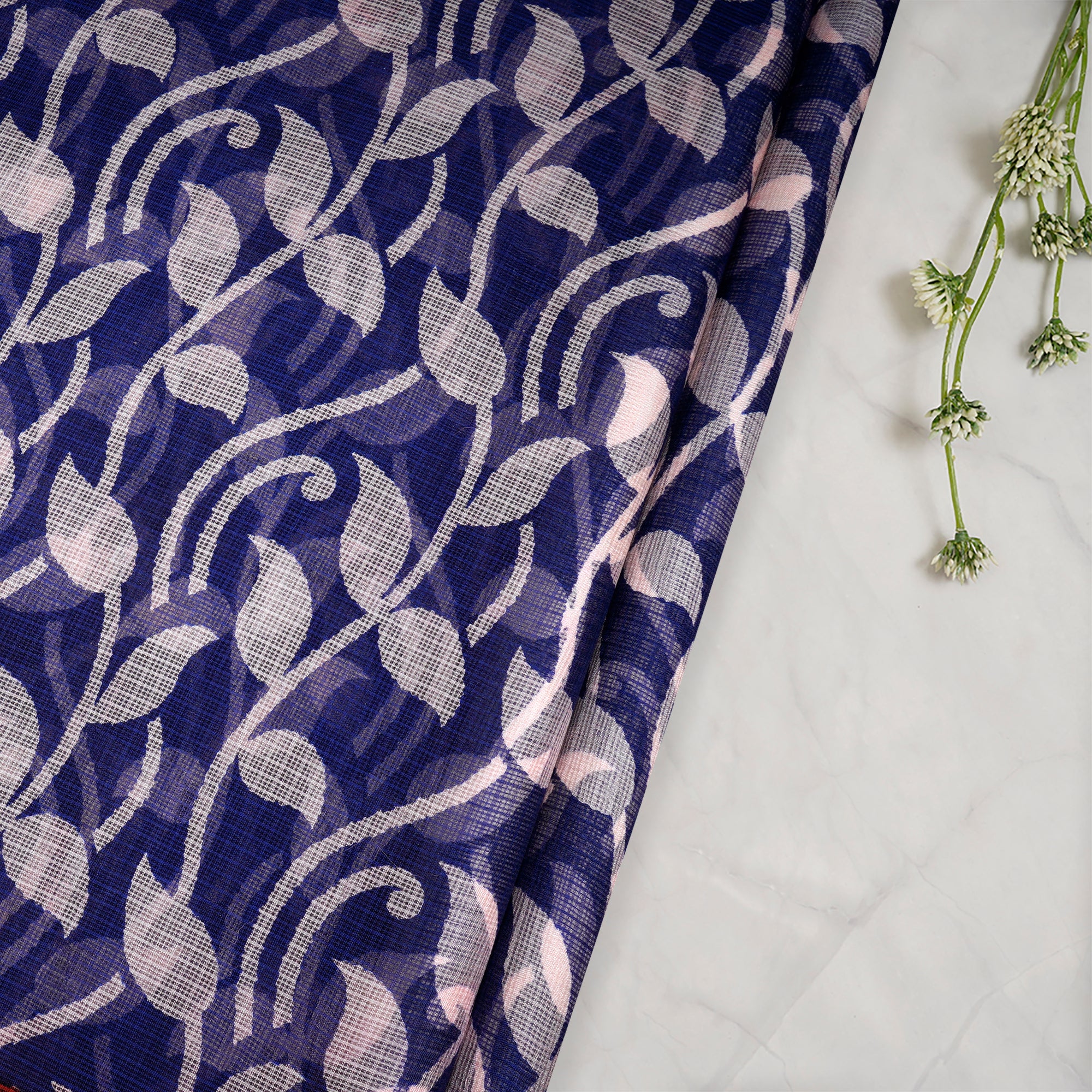 Blue All Over Pattern with Border Screen Print Kota Silk Fabrics