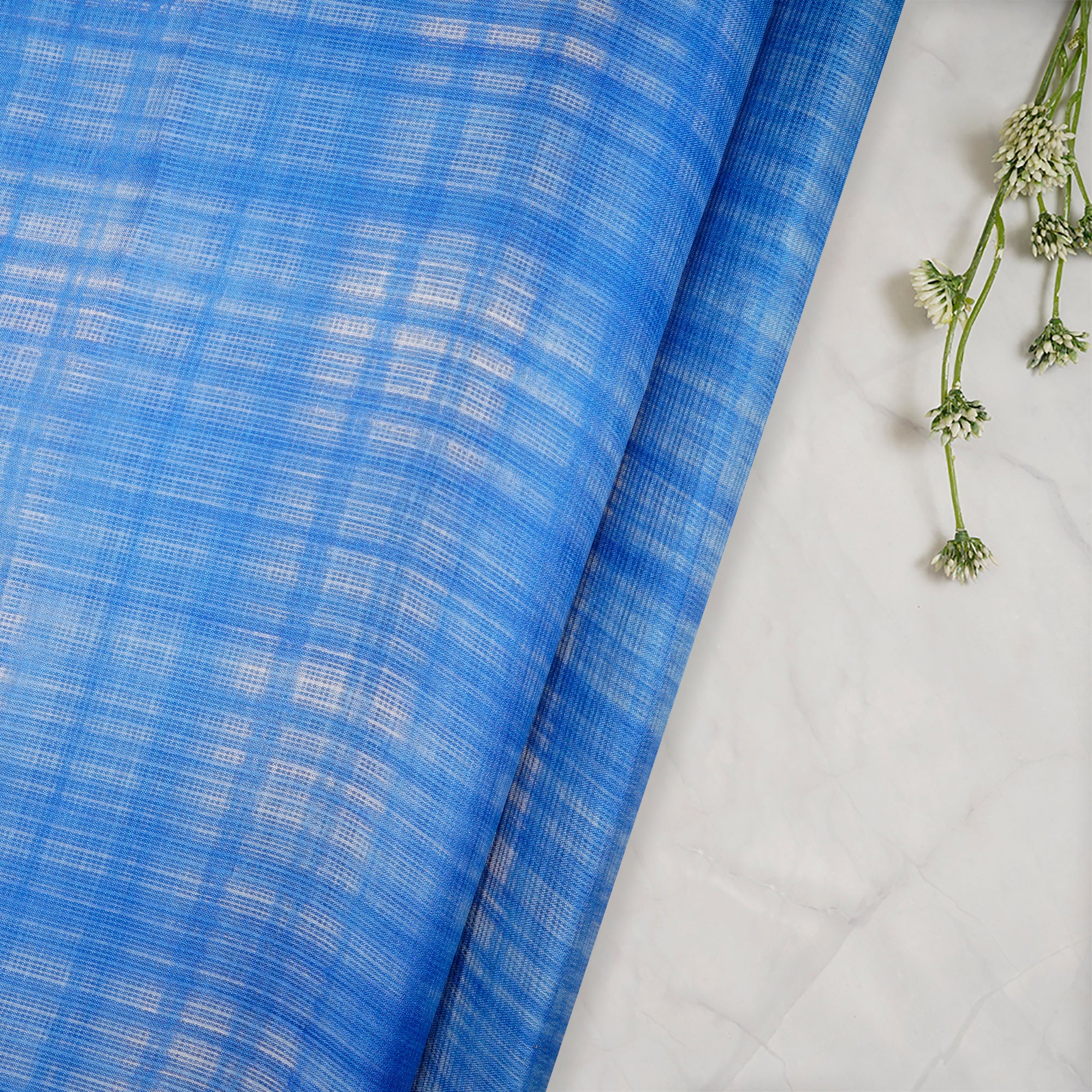 Blue Check Pattern Screen Printed Kota Silk Fabric