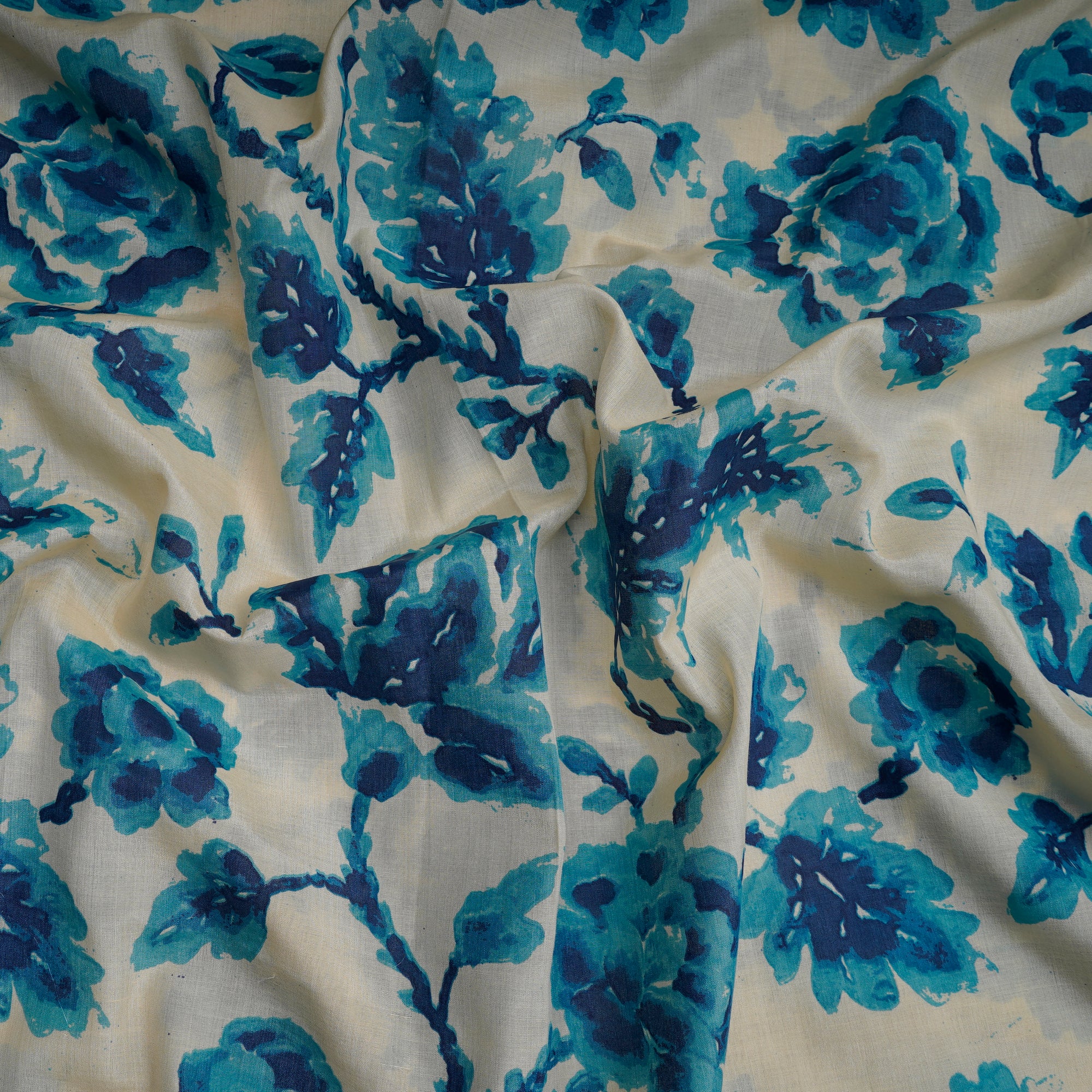 Cream-Blue Color Digital Printed Tussar Chanderi Fabric