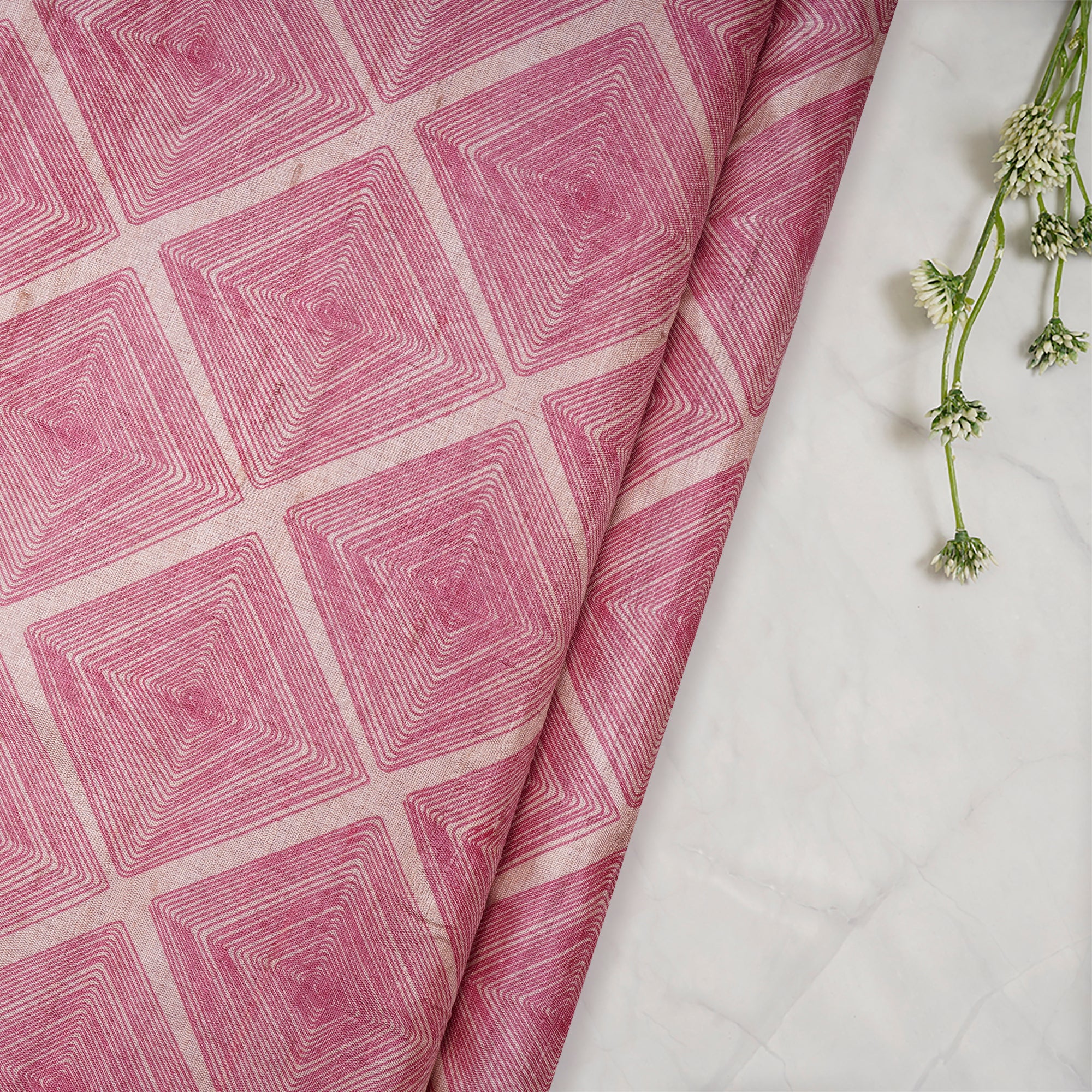 Pink Color Printed Tussar Silk Fabric