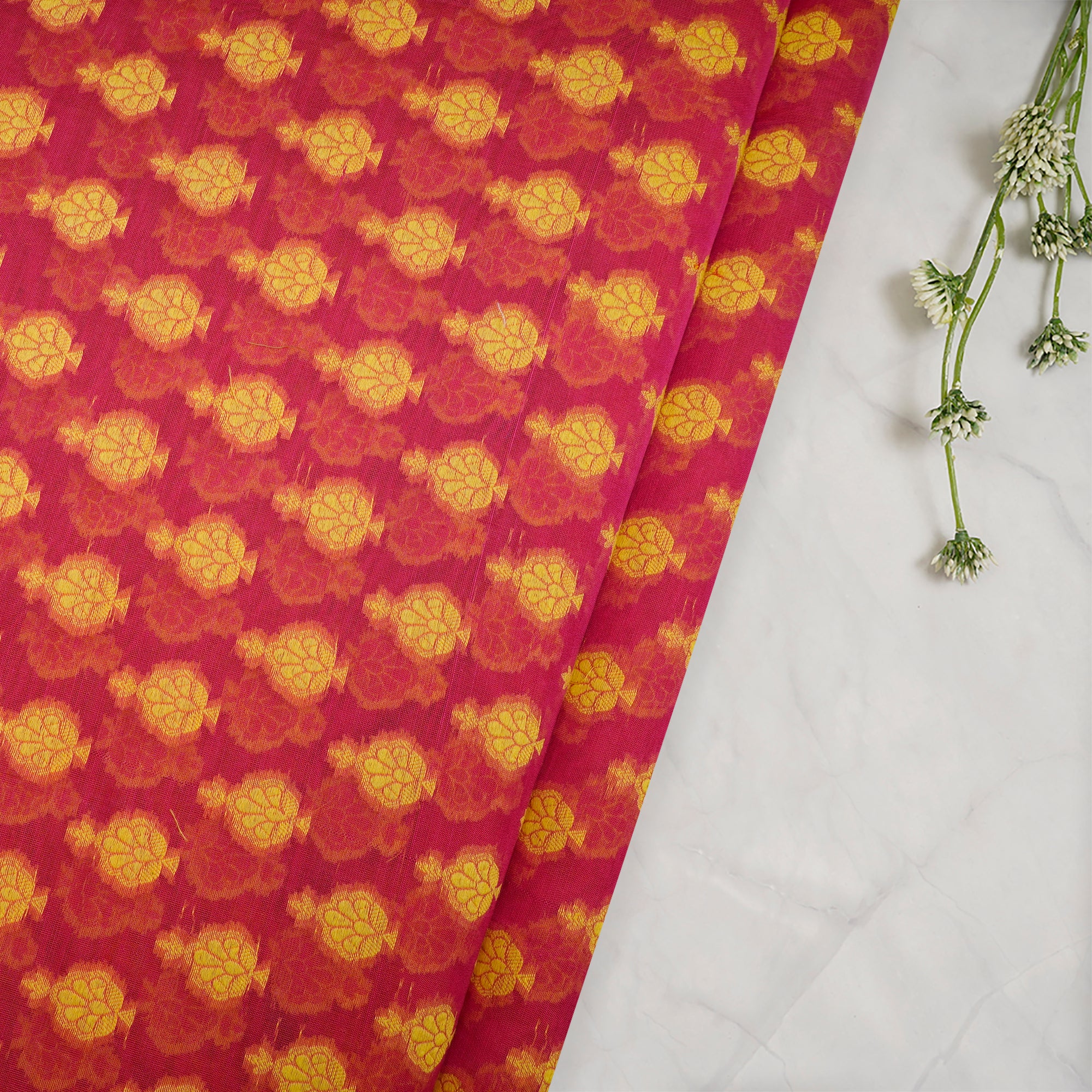 Red-Yellow Booti Pattern Handwoven Banarasi Brocade Chanderi Fabric