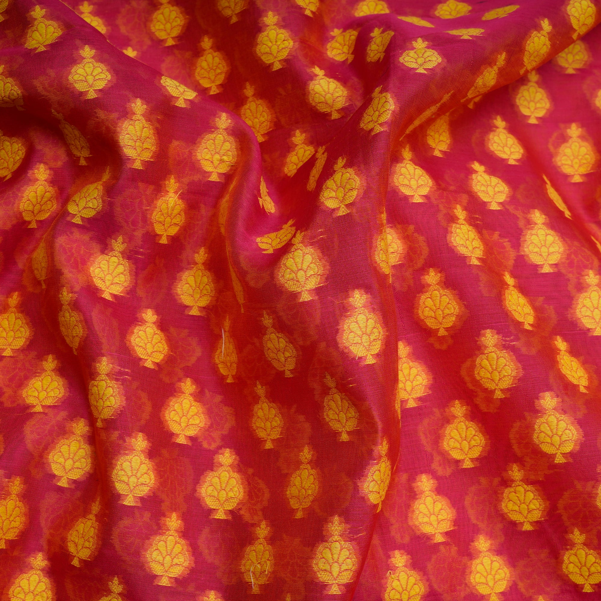 Red-Yellow Booti Pattern Handwoven Banarasi Brocade Chanderi Fabric