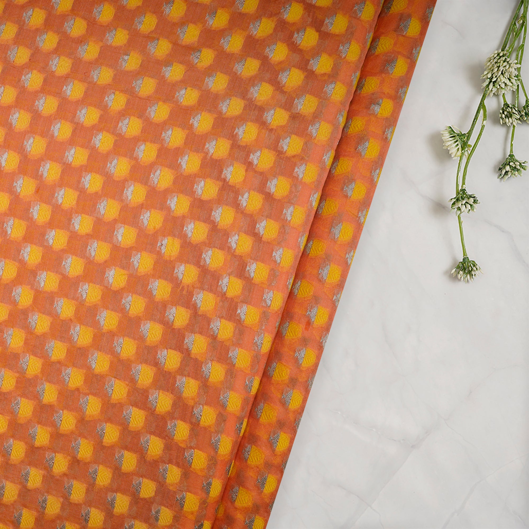 Orange-Yellow Booti Pattern Handwoven Meenakari Chanderi Brocade Fabric