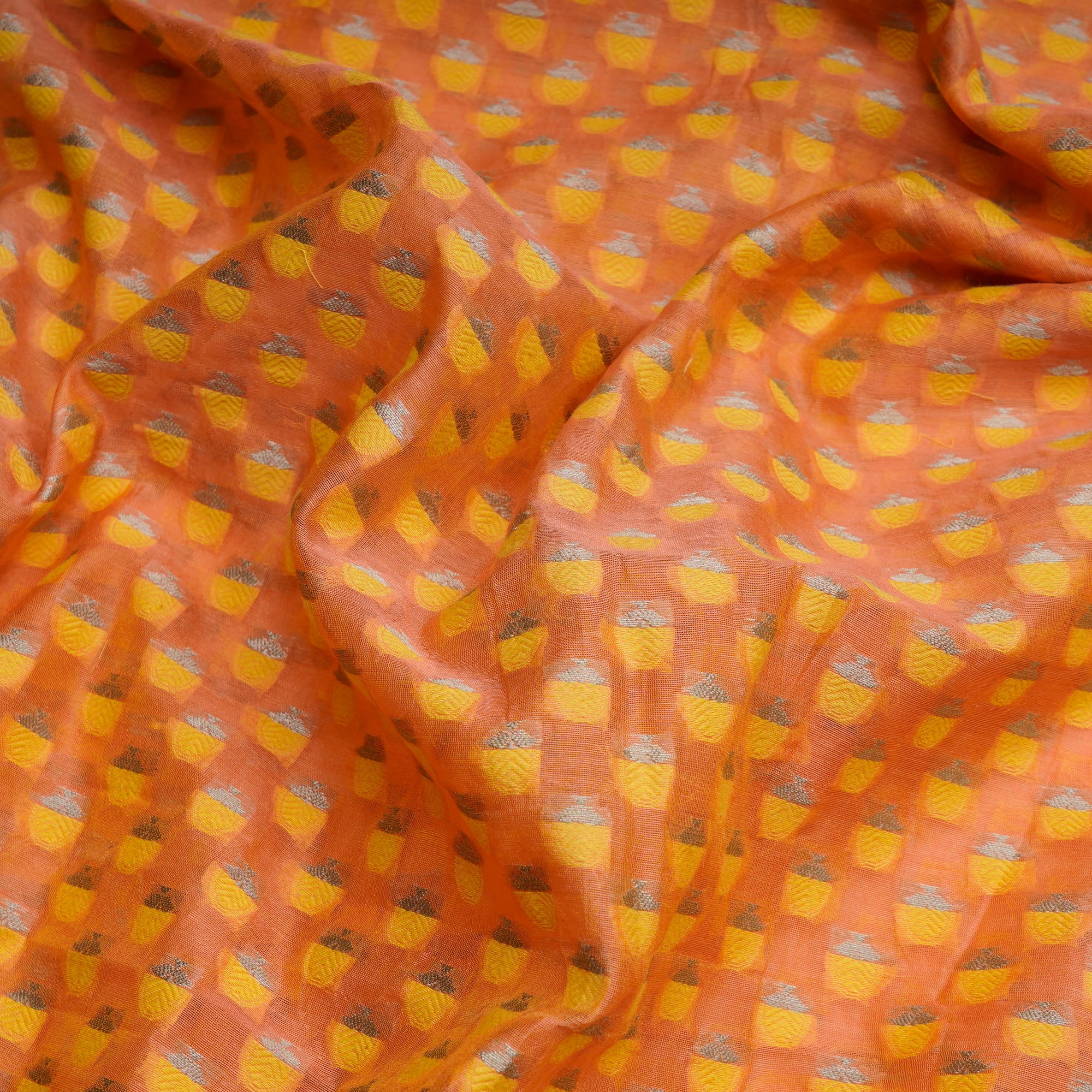 Orange-Yellow Booti Pattern Handwoven Meenakari Chanderi Brocade Fabric