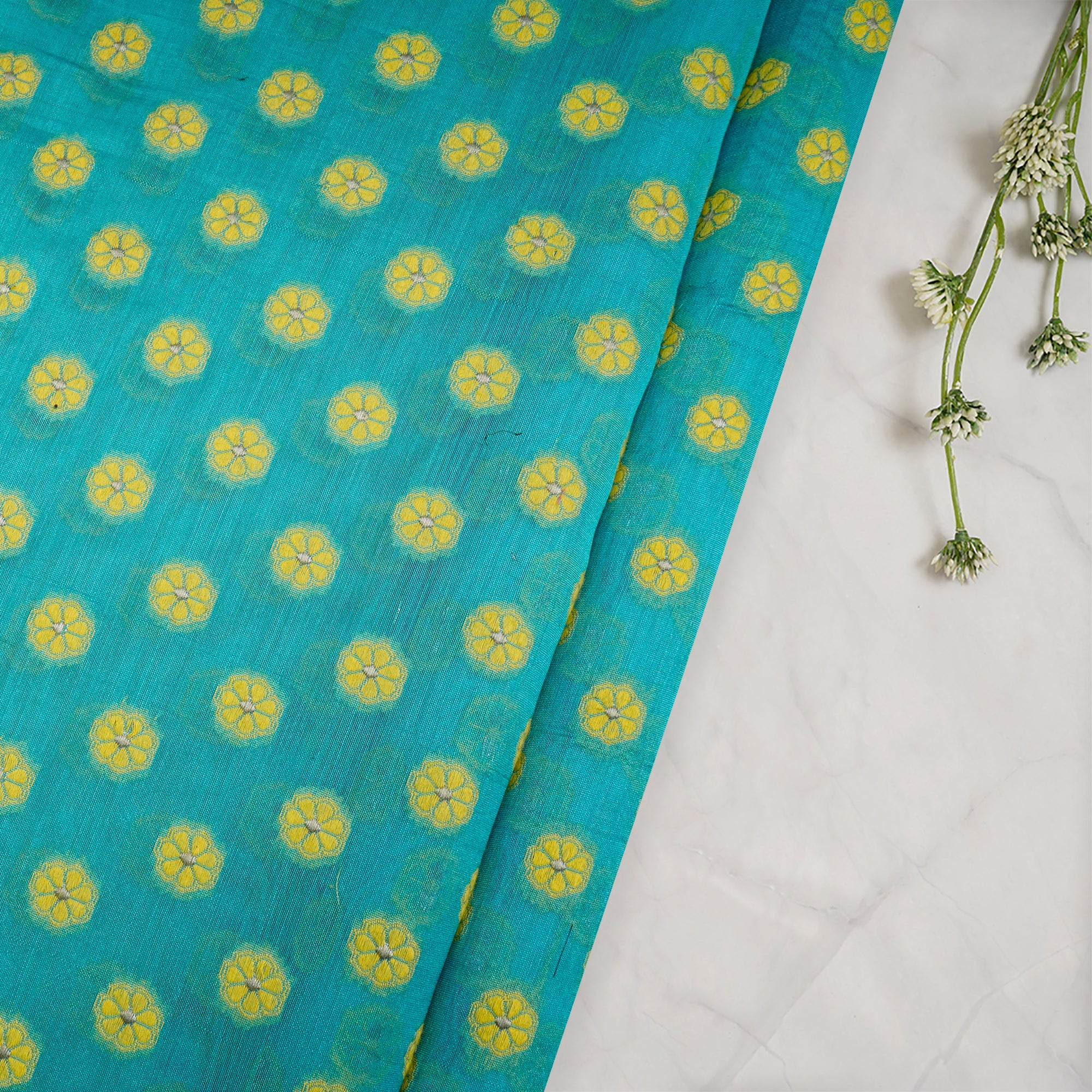 Sky Blue- Yellow Booti Pattern Handwoven Meenakari Chanderi Brocade Fabric