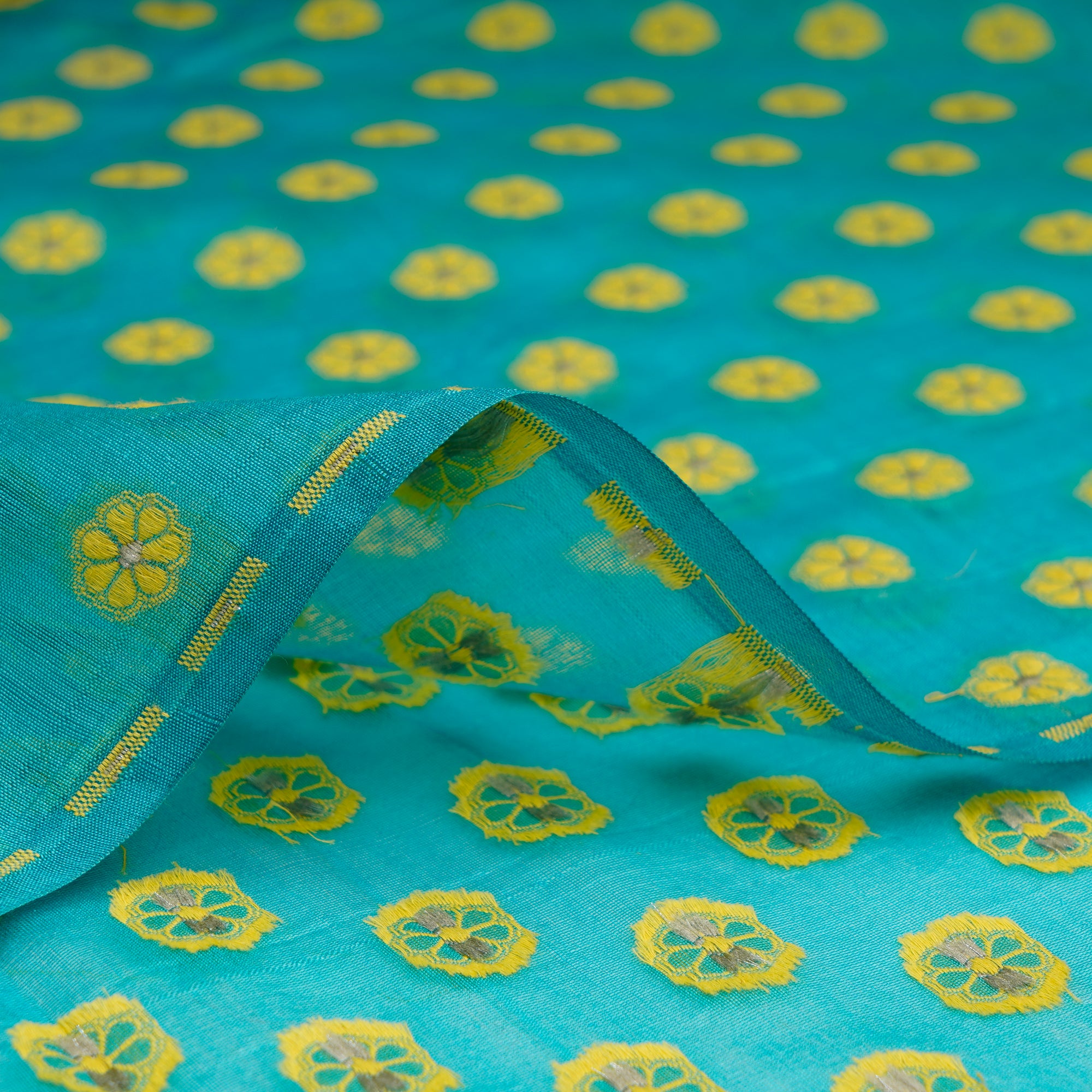 Sky Blue- Yellow Booti Pattern Handwoven Meenakari Chanderi Brocade Fabric