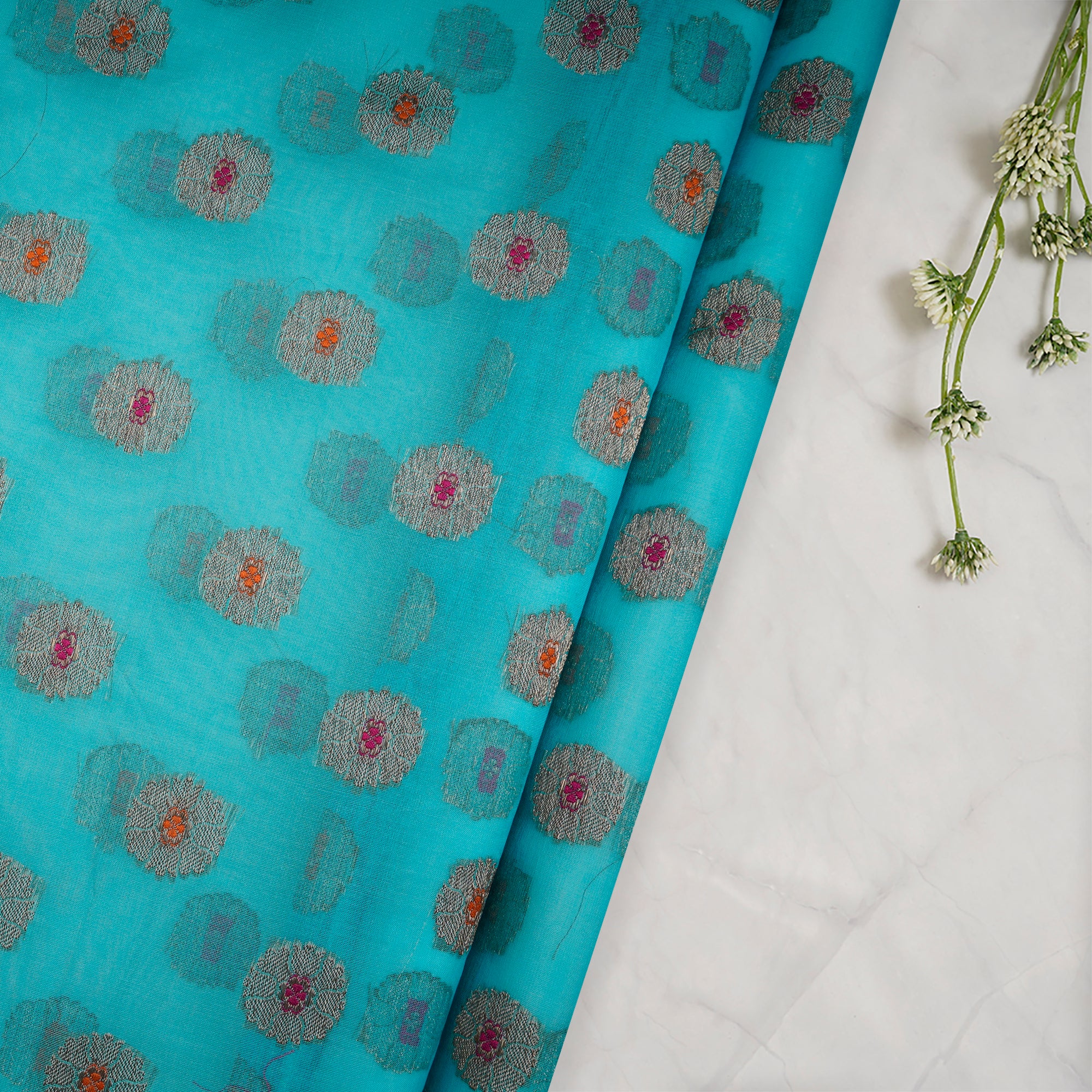 Sky Blue Booti Pattern Handwoven Premium Banarasi Meenakari Brocade Organza Fabric