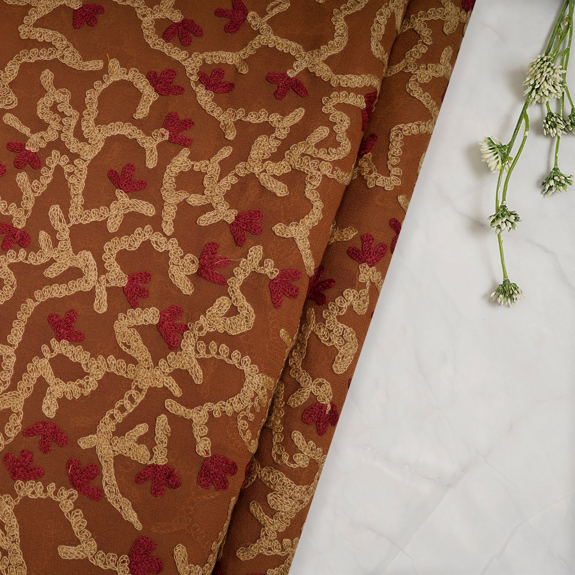 Light Brown All Over Pattern Thread Embroidered Georgette Fabric