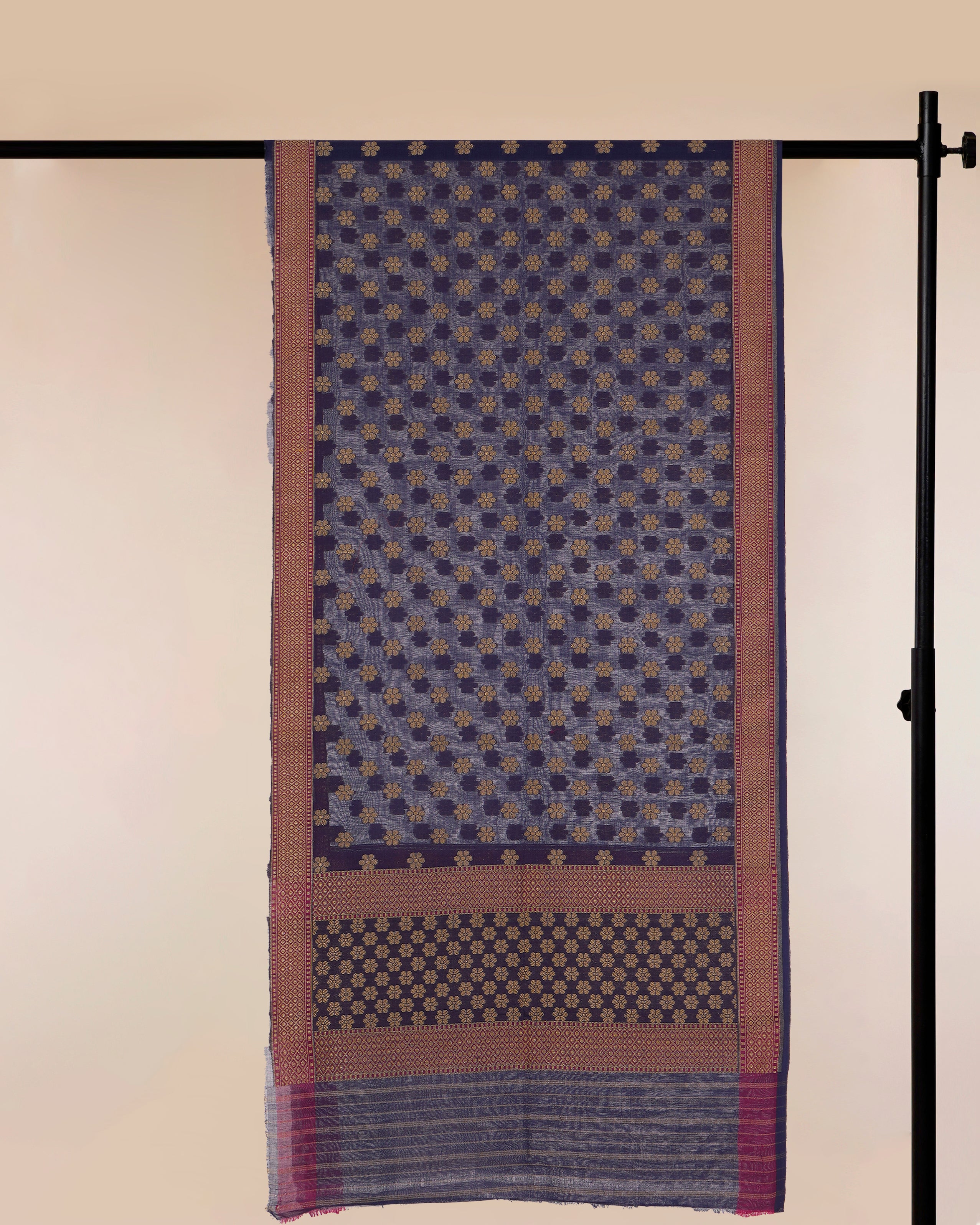 Navy Blue Handwoen Jari Buti Cotton Brocade Dupatta