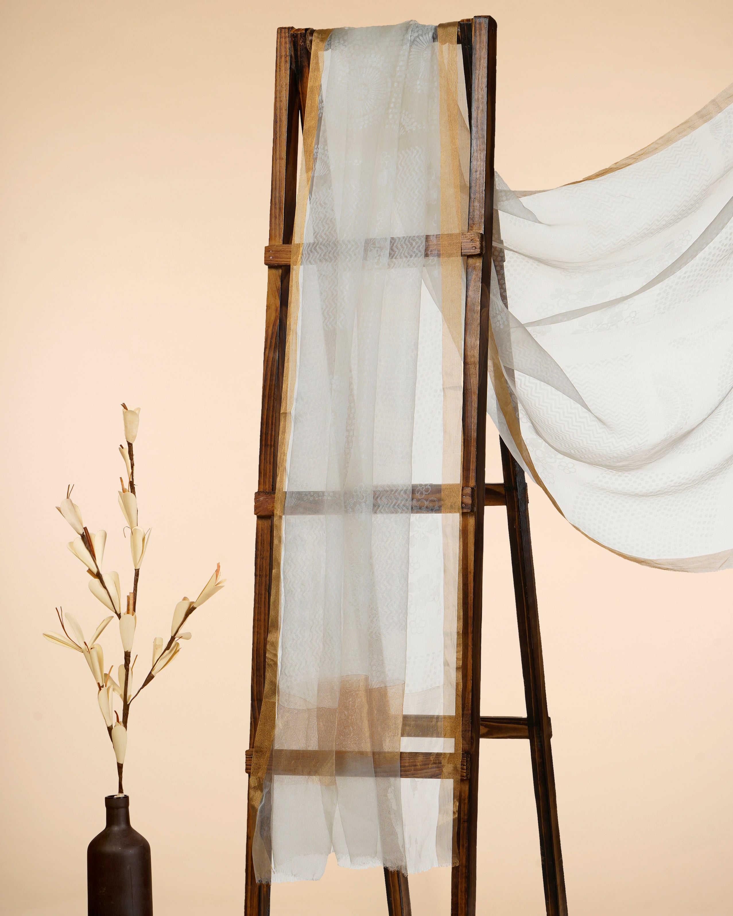 White Dyeable All Over Pattern Self Printed Organza Silk Dupatta with Gold Tissue Border