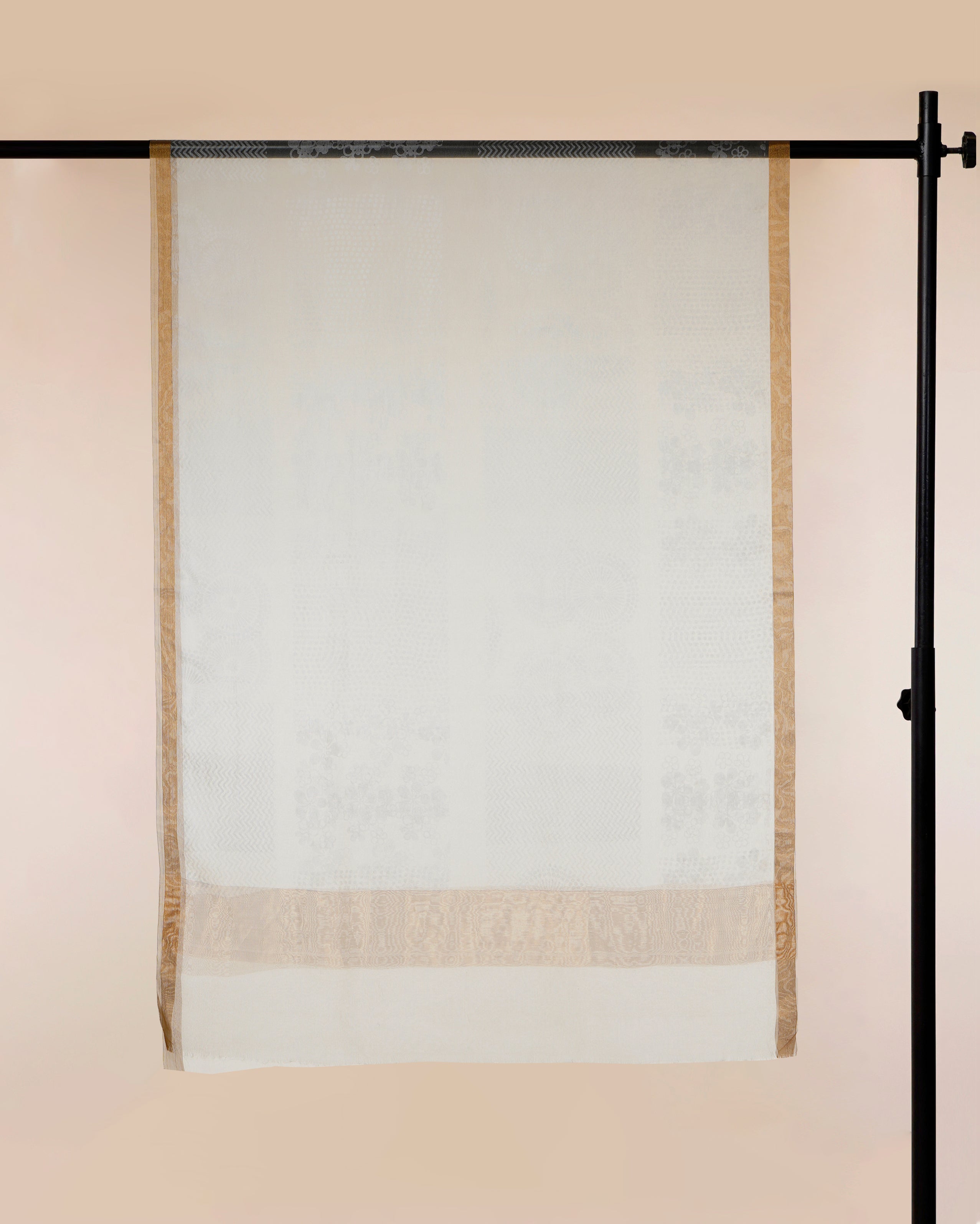 White Dyeable All Over Pattern Self Printed Organza Silk Dupatta with Gold Tissue Border
