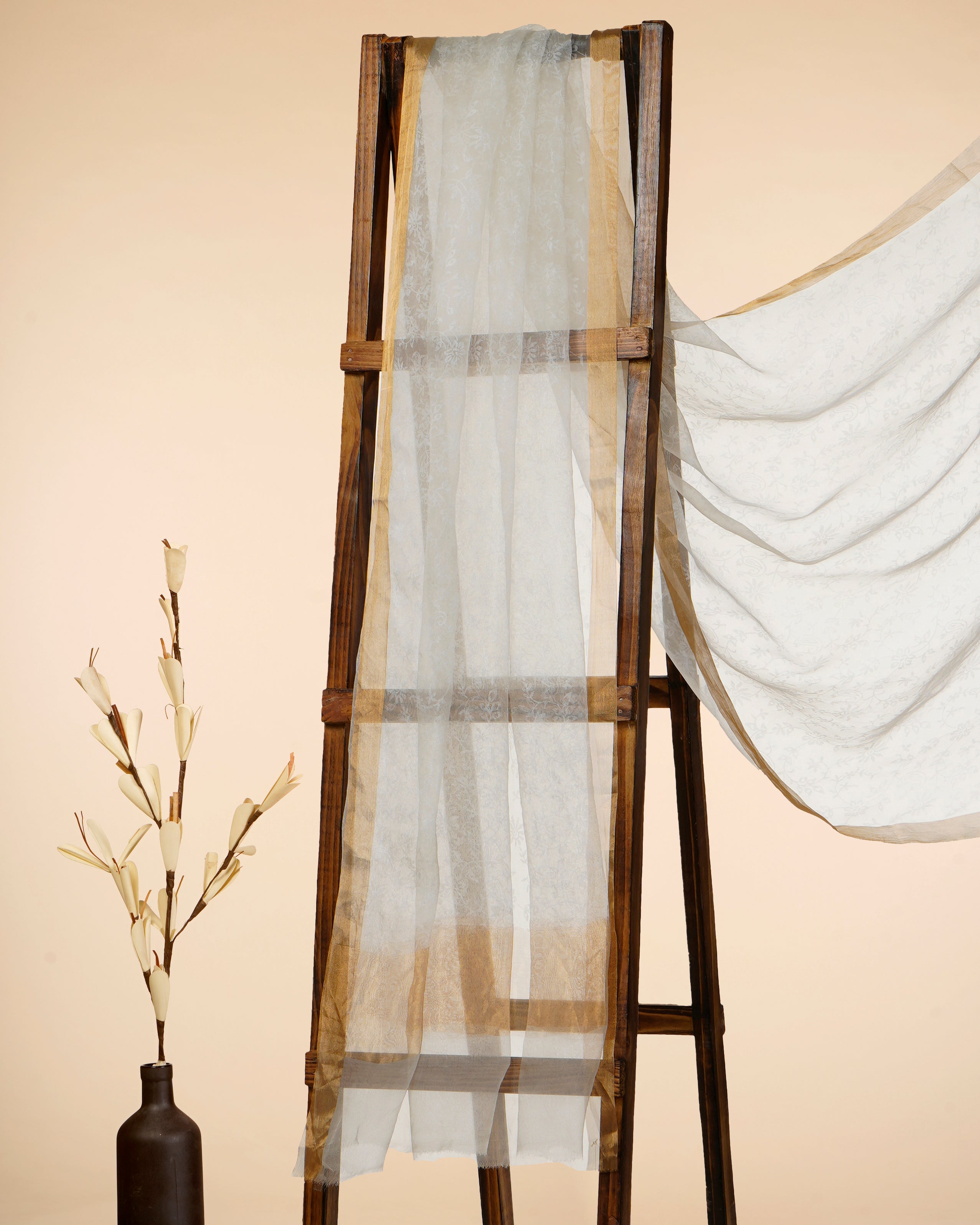 White Dyeable Floral Pattern Self Printed Organza Silk Dupatta with Gold Tissue Border