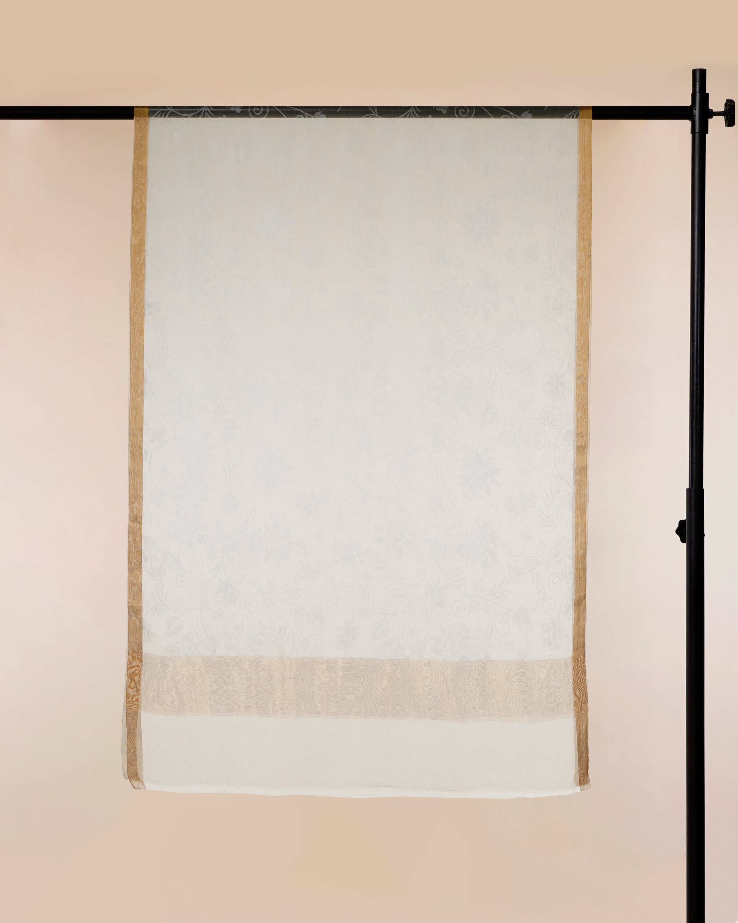 White Dyeable Floral Pattern Self Printed Organza Silk Dupatta with Gold Tissue Border