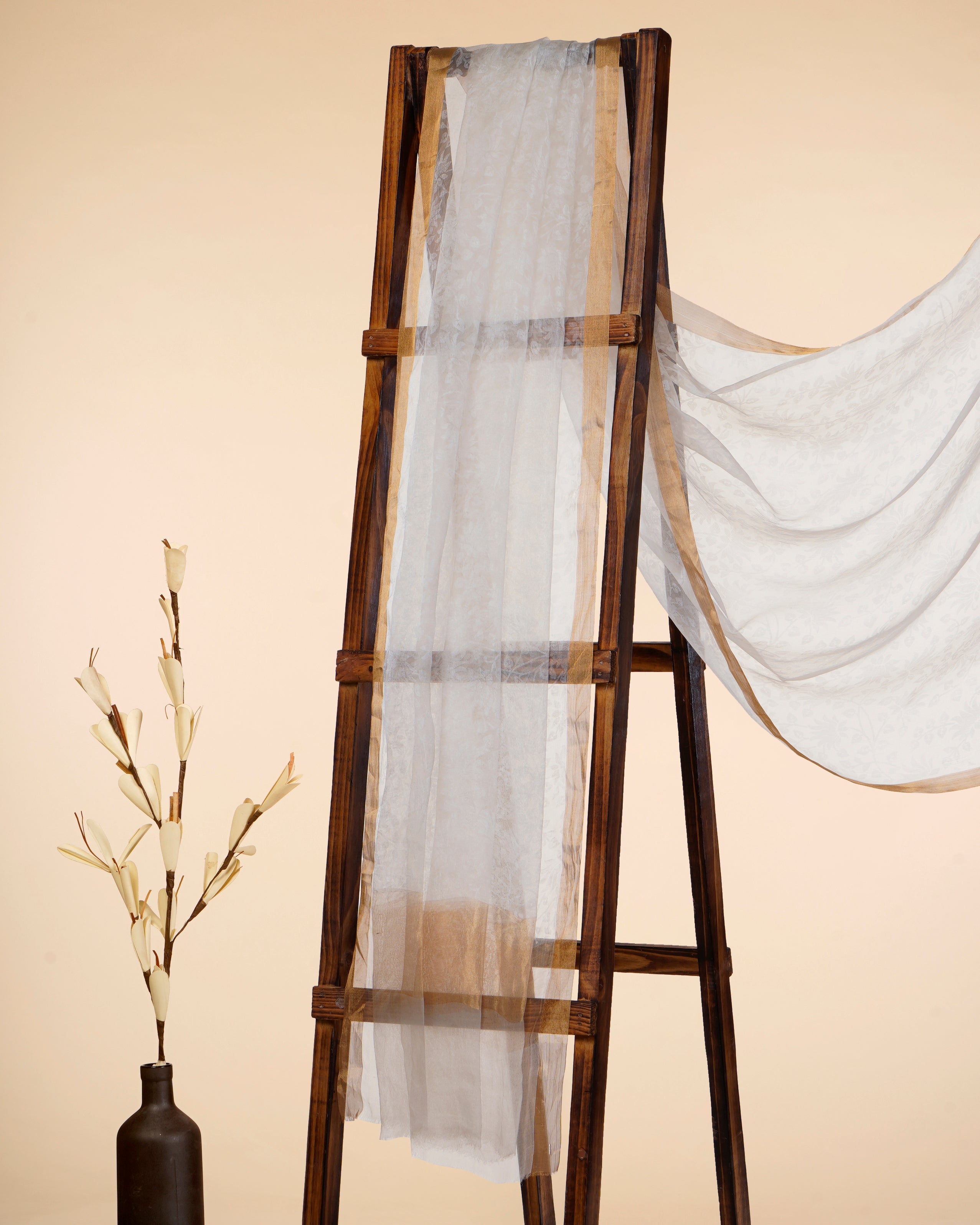 White Dyeable Floral Pattern Self Printed Organza Silk Dupatta with Gold Tissue Border