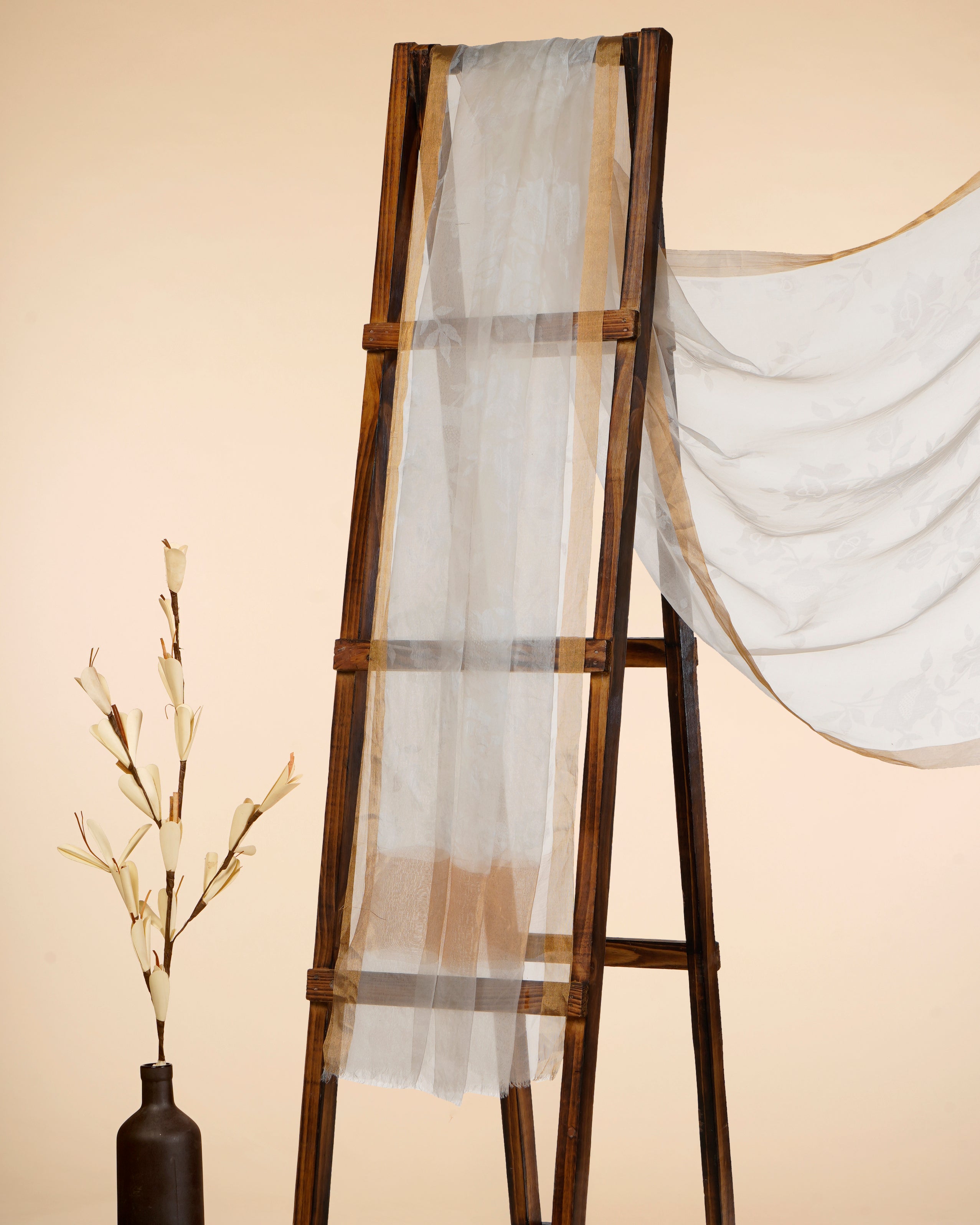 White Dyeable Floral Pattern Self Printed Organza Silk Dupatta with Gold Tissue Border