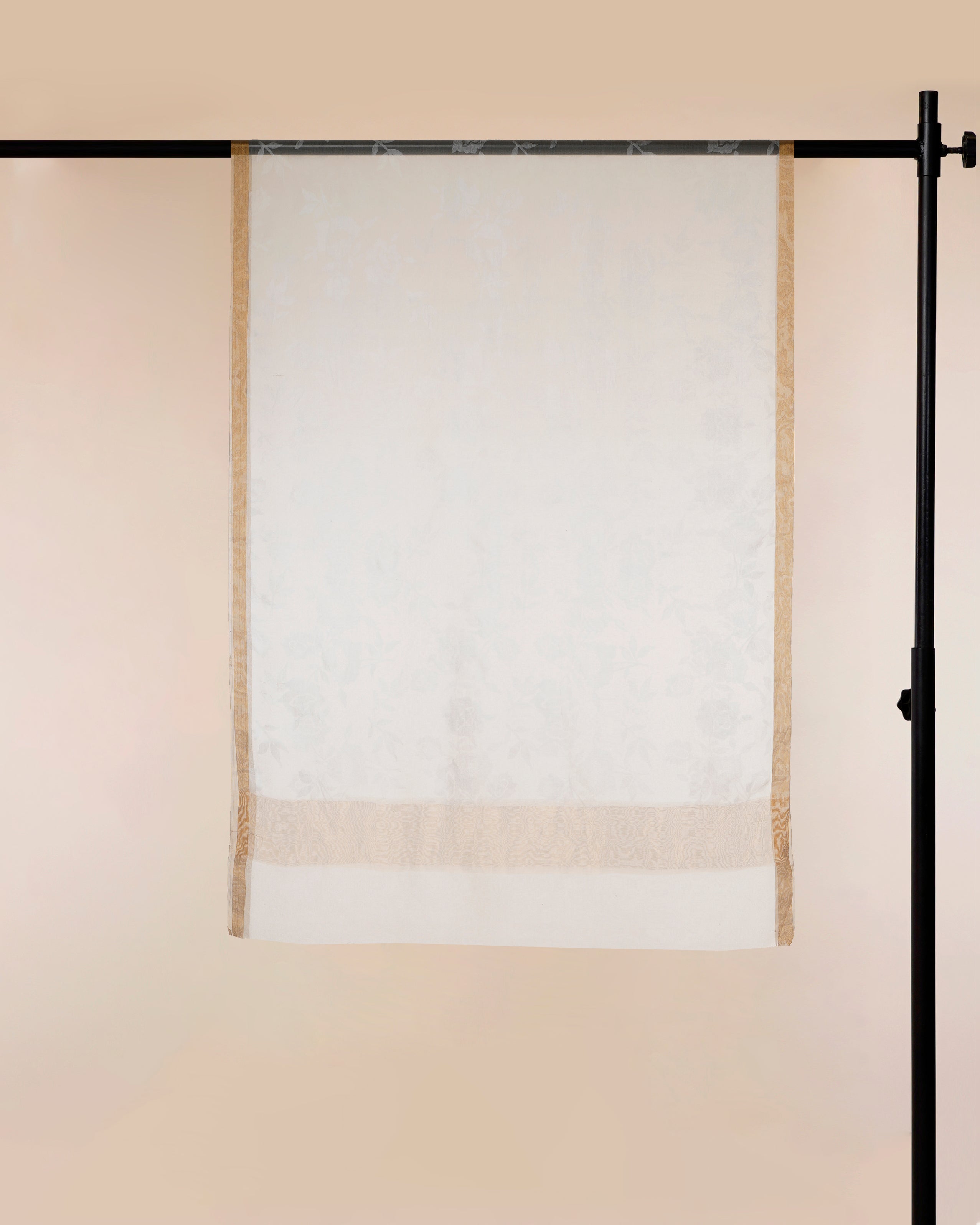 White Dyeable Floral Pattern Self Printed Organza Silk Dupatta with Gold Tissue Border