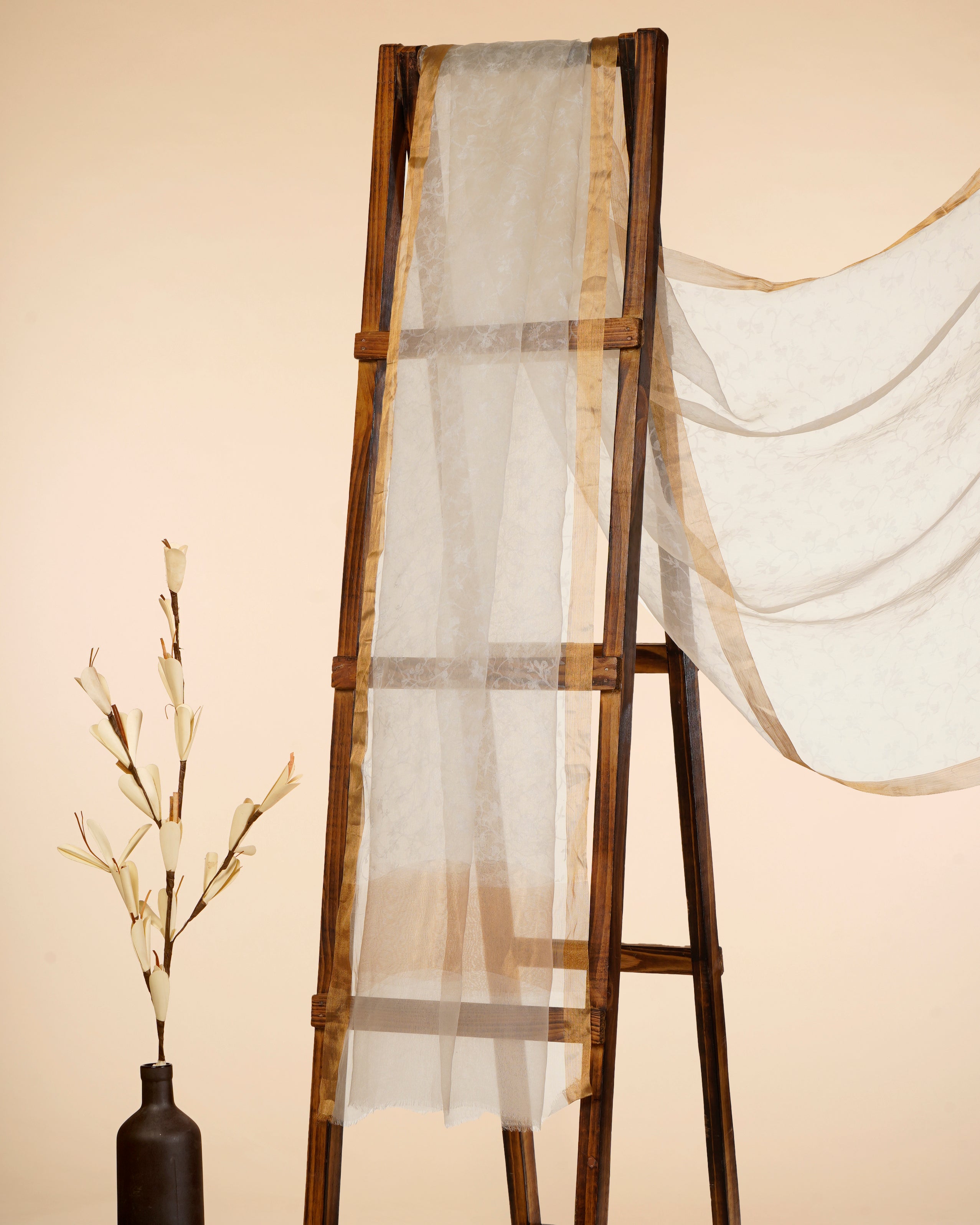 White Dyeable Floral Pattern Self Printed Organza Silk Dupatta with Gold Tissue Border