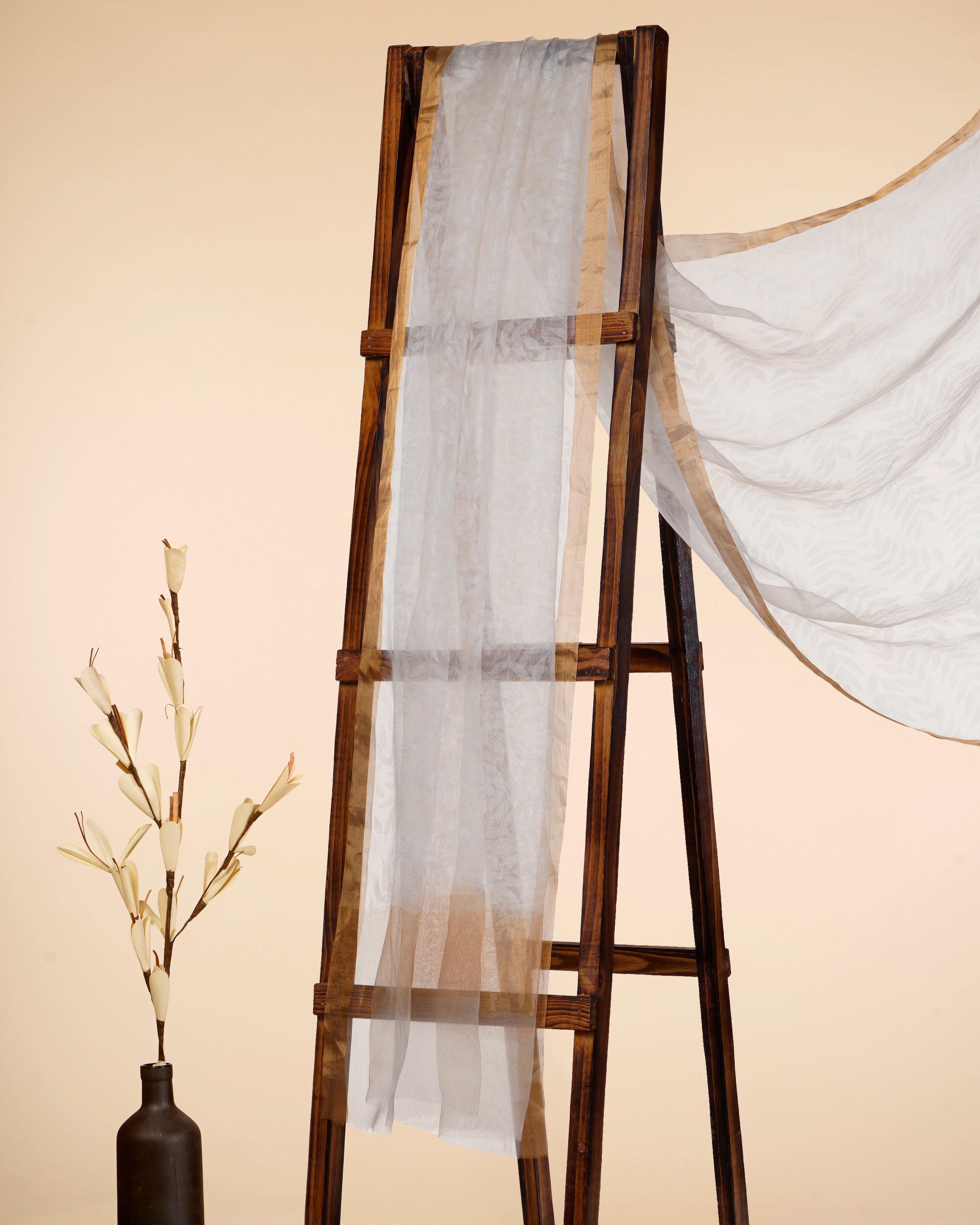 White Dyeable Floral Pattern Self Printed Organza Silk Dupatta with Gold Tissue Border