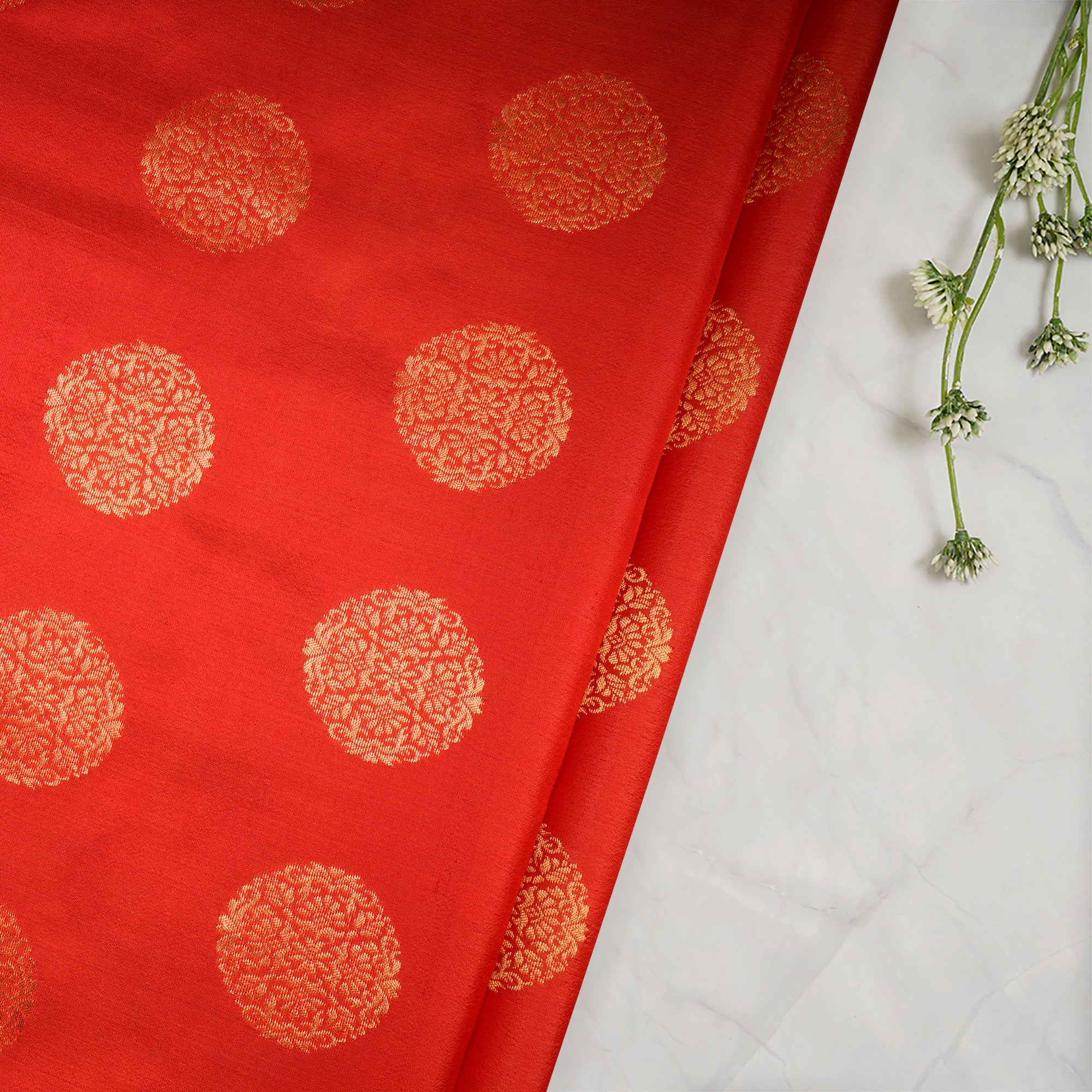 Dark Orange Motif Pattern Handwoven Brocade Silk Fabric