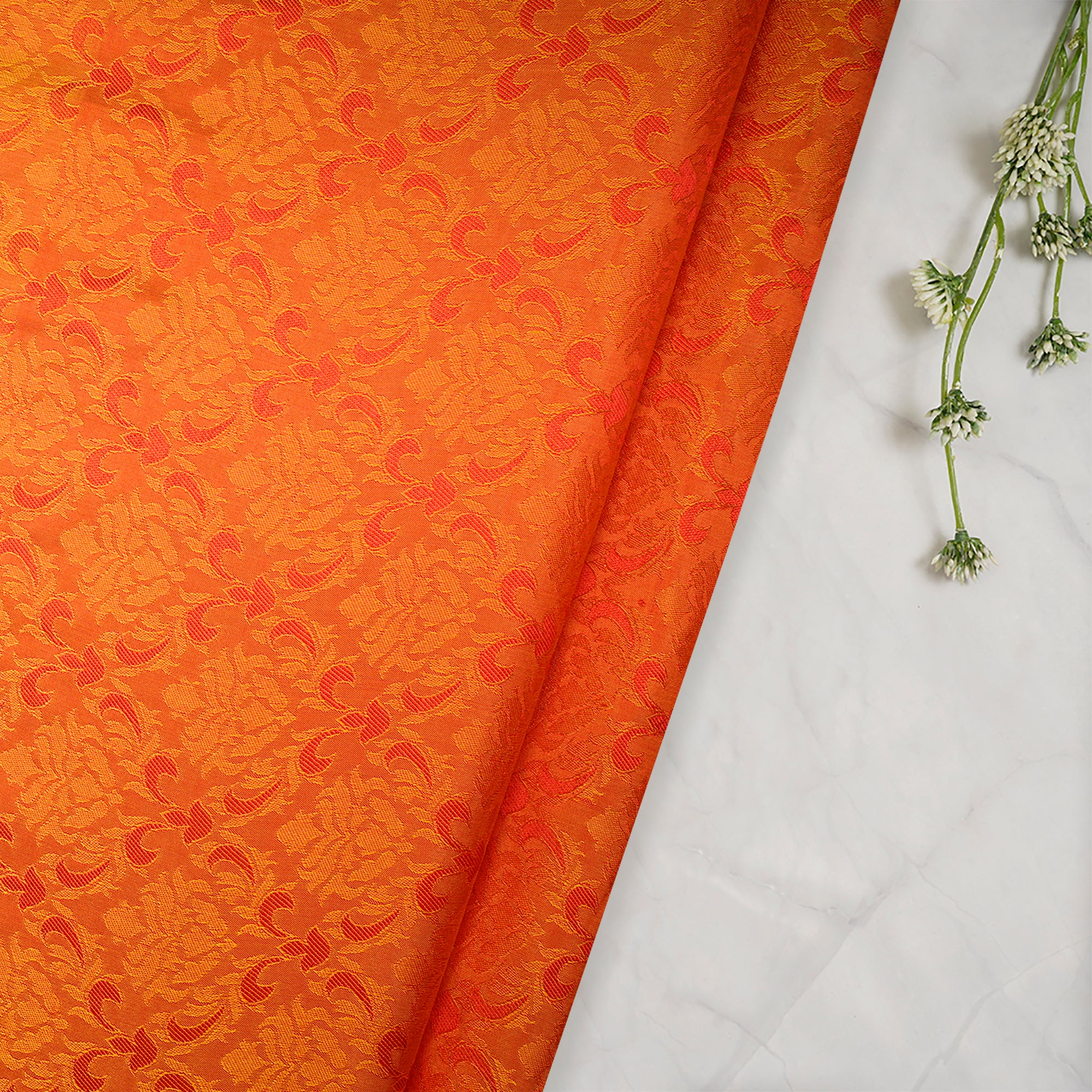 Orange Floral Pattern Silk Jacquard Fabric